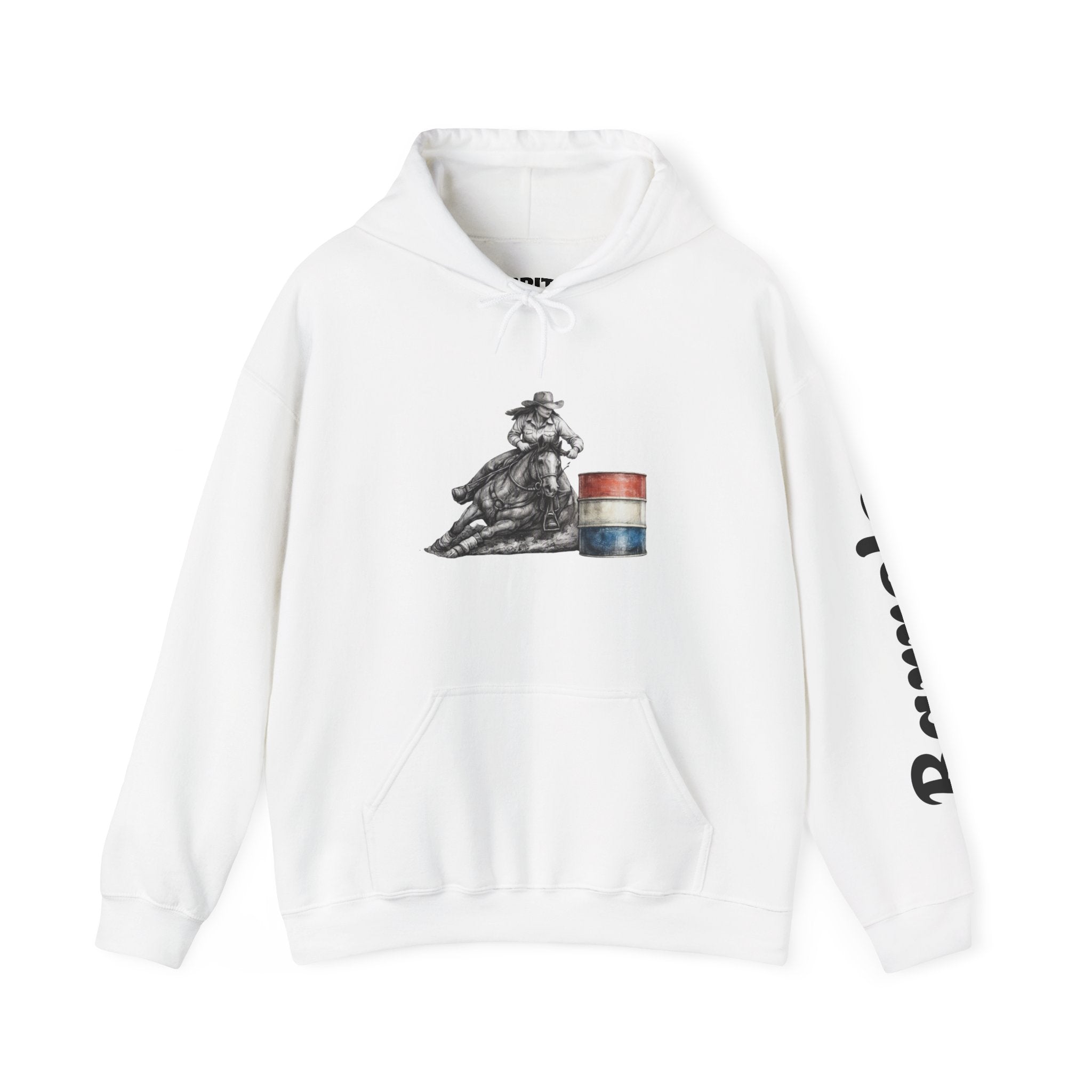 Cowgirl Barrel Racing Hoodie — Western Rodeo Pullover with 'barrels' Sleeve Text