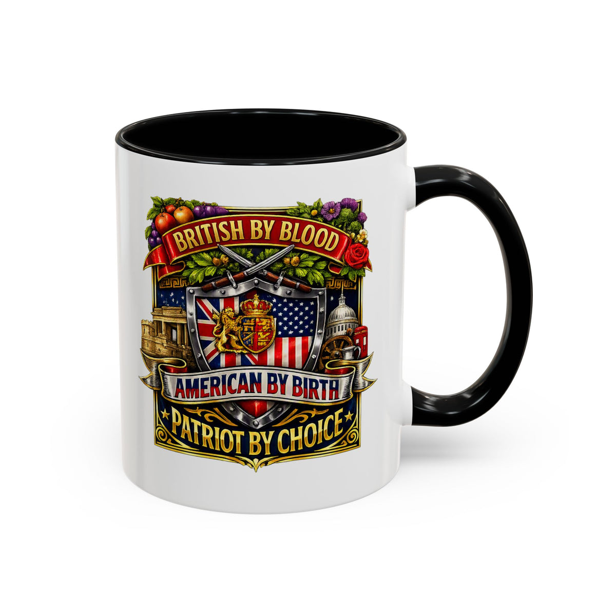 British Pride Coffee Mug — "British by Blood, American by Birth, Patriot by Choice" Patriotic Ceramic Mug