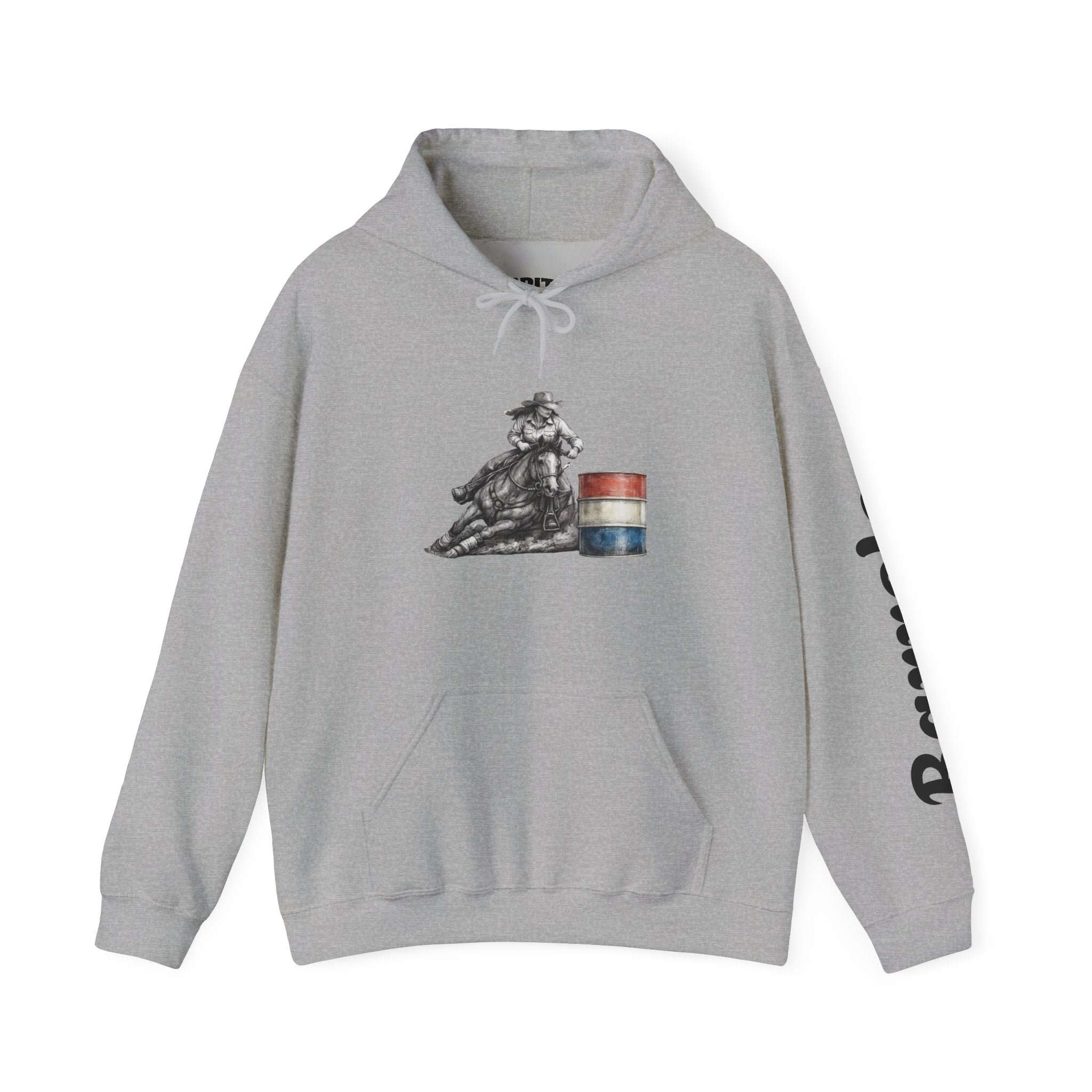 Cowgirl Barrel Racing Hoodie — Western Rodeo Pullover with 'barrels' Sleeve Text