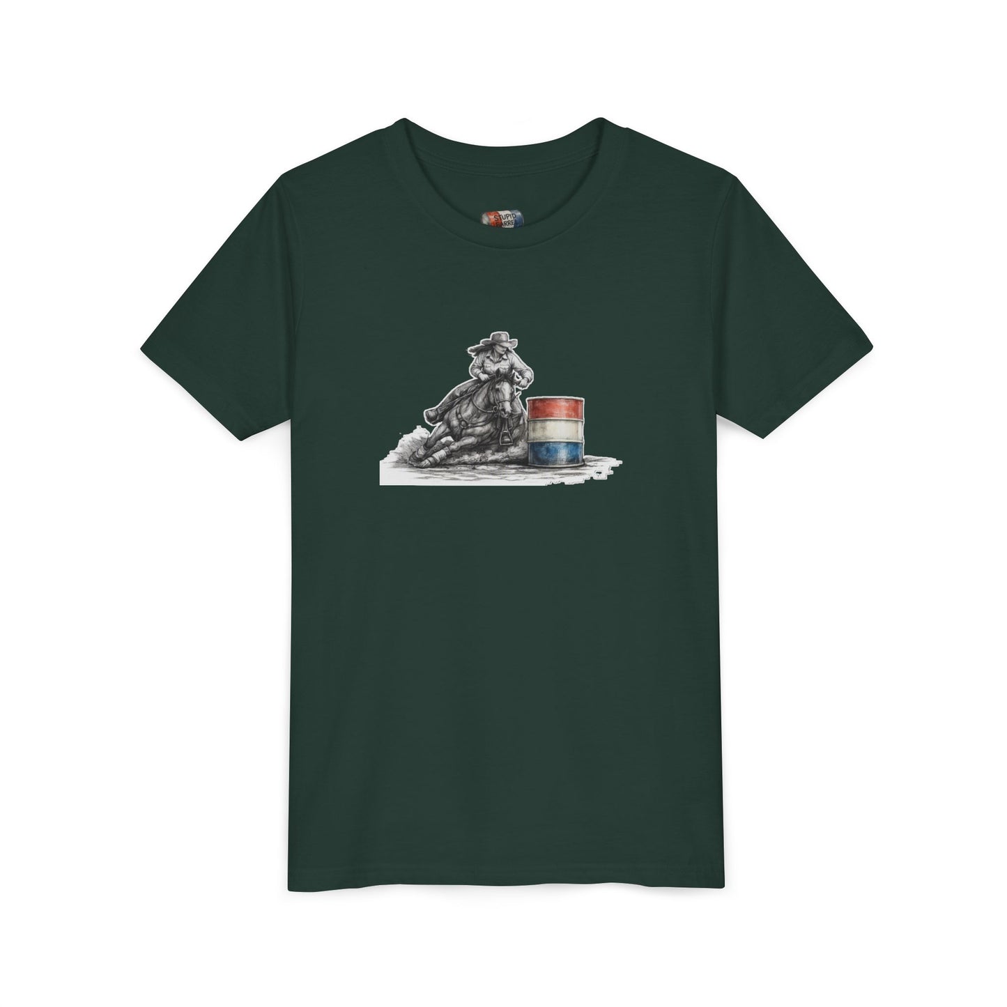 Youth Tee — Rodeo Cowgirl with Patriotic Barrel Graphic