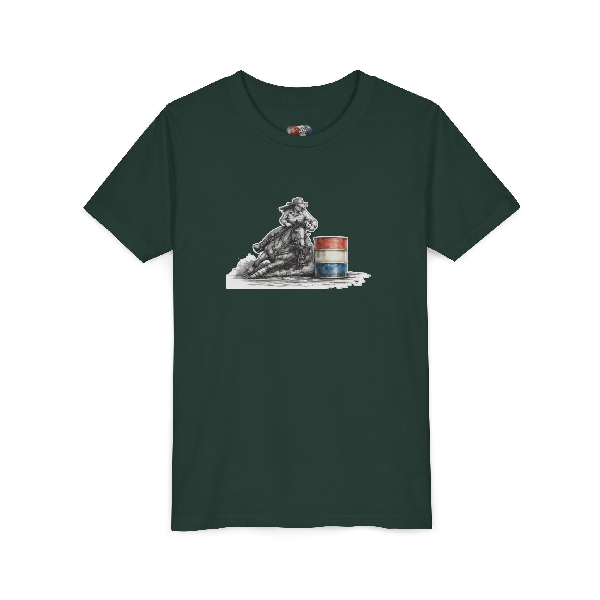 Youth Tee — Rodeo Cowgirl with Patriotic Barrel Graphic