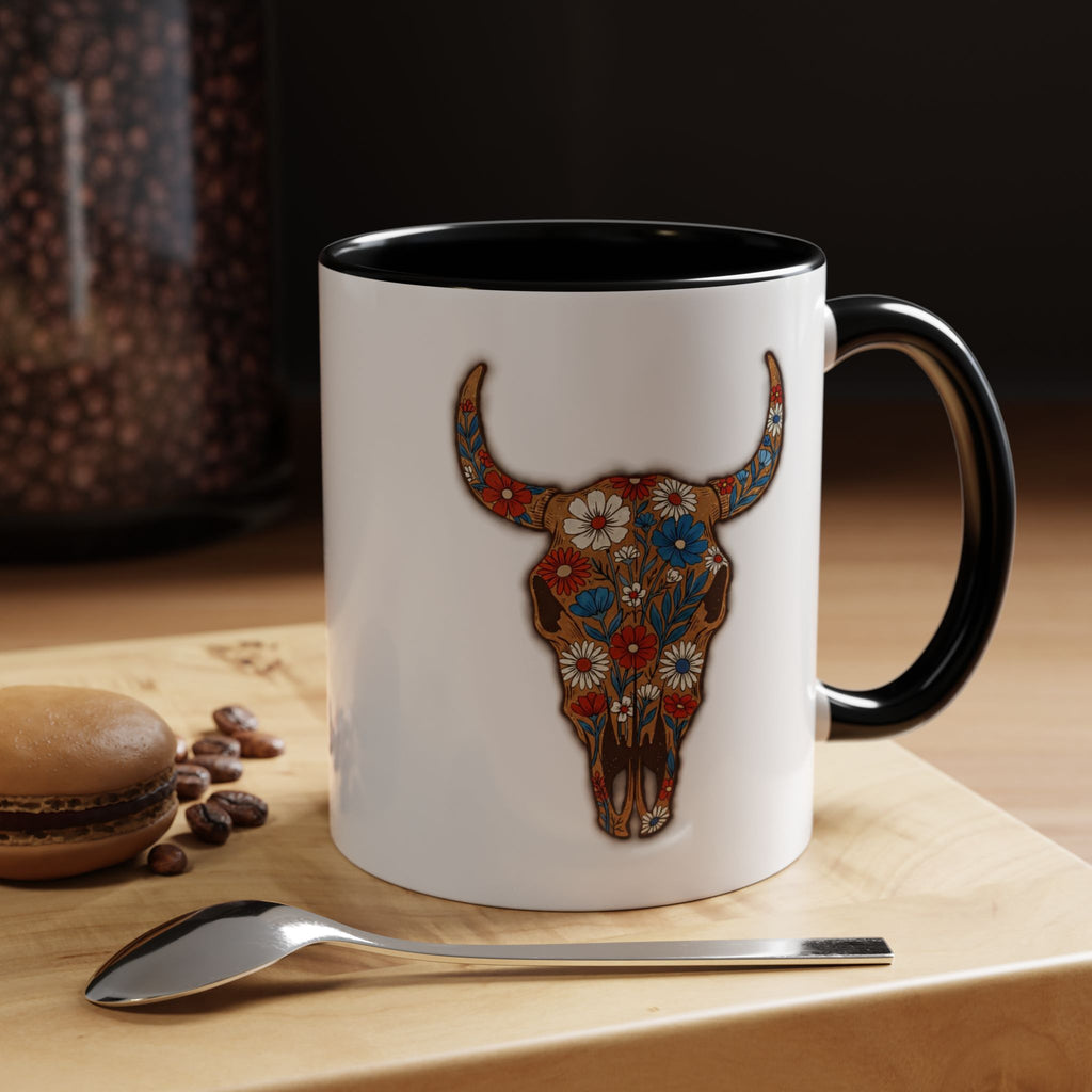Red, White and Blue Floral Bull Skull Coffee Mug — Southwestern Accent 11/15oz