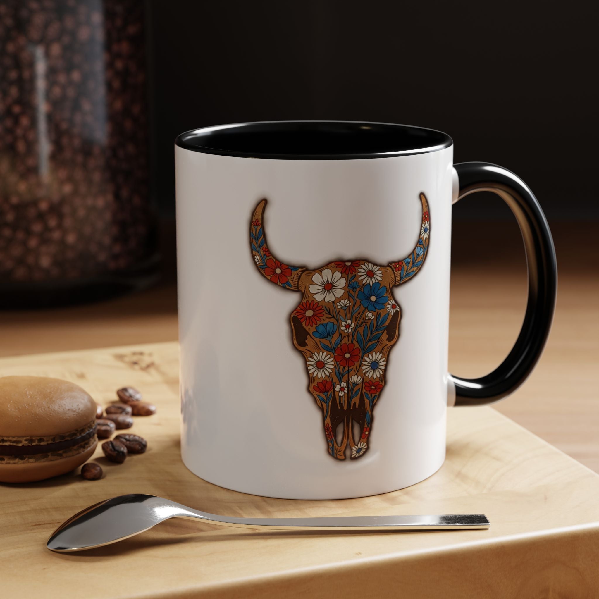 Red, White and Blue Floral Bull Skull Coffee Mug — Southwestern Accent 11/15oz