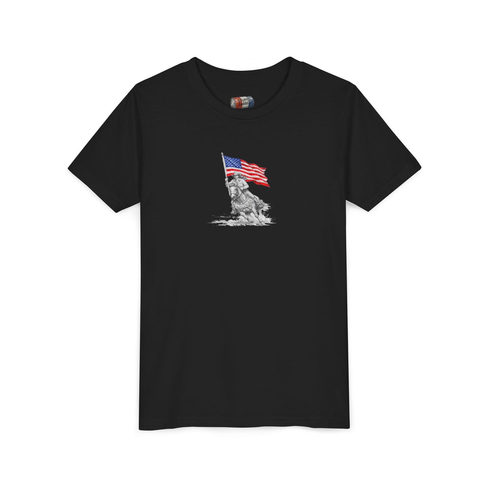 Youth Tee — Rodeo Bull Rider with Patriotic Barrel Graphic