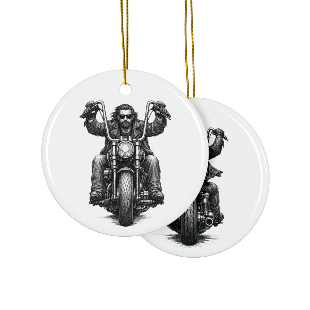 Biker Motorcycle Ceramic Ornament — Double-Sided Round Holiday Decoration