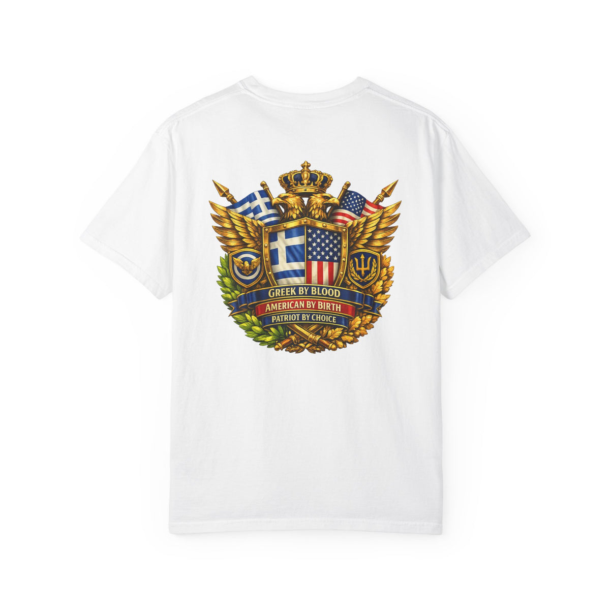 Greek American Heritage T-Shirt — Eagle Crest with Flags & "One Nation" Emblem