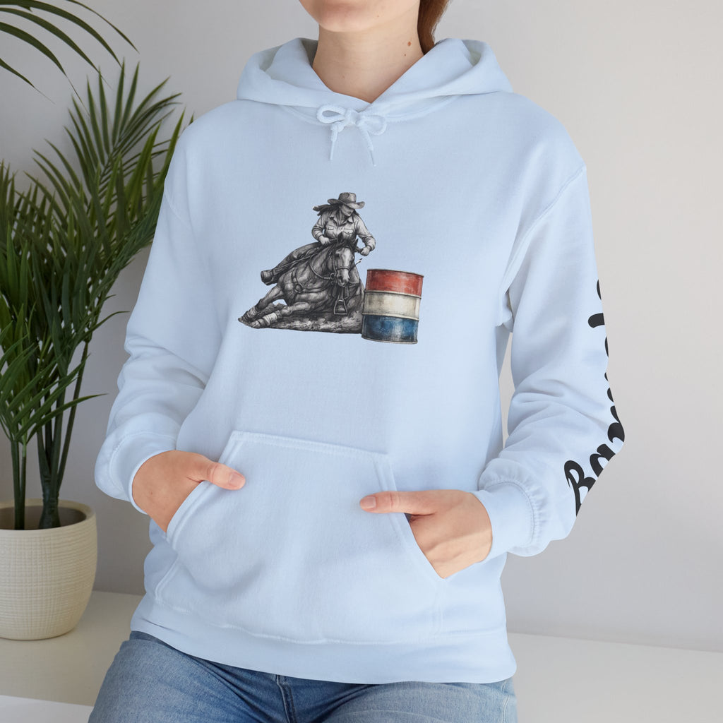 Cowgirl Barrel Racing Hoodie — Western Rodeo Pullover with 'barrels' Sleeve Text