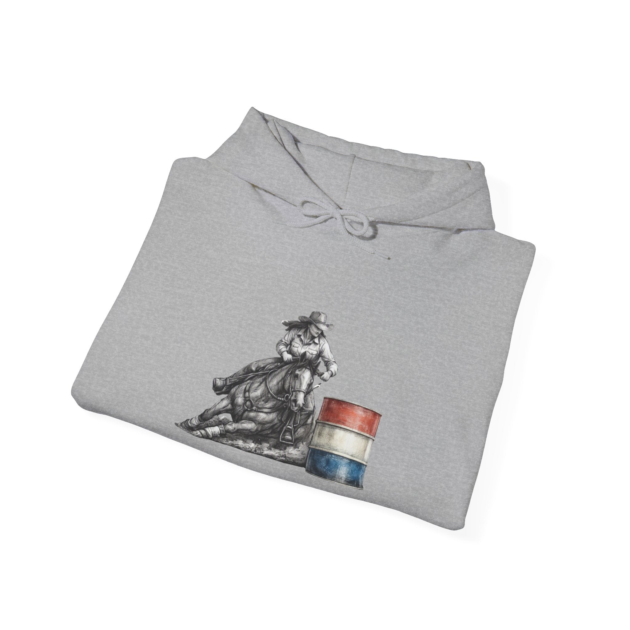 Cowgirl Barrel Racing Hoodie — Western Rodeo Pullover with 'barrels' Sleeve Text