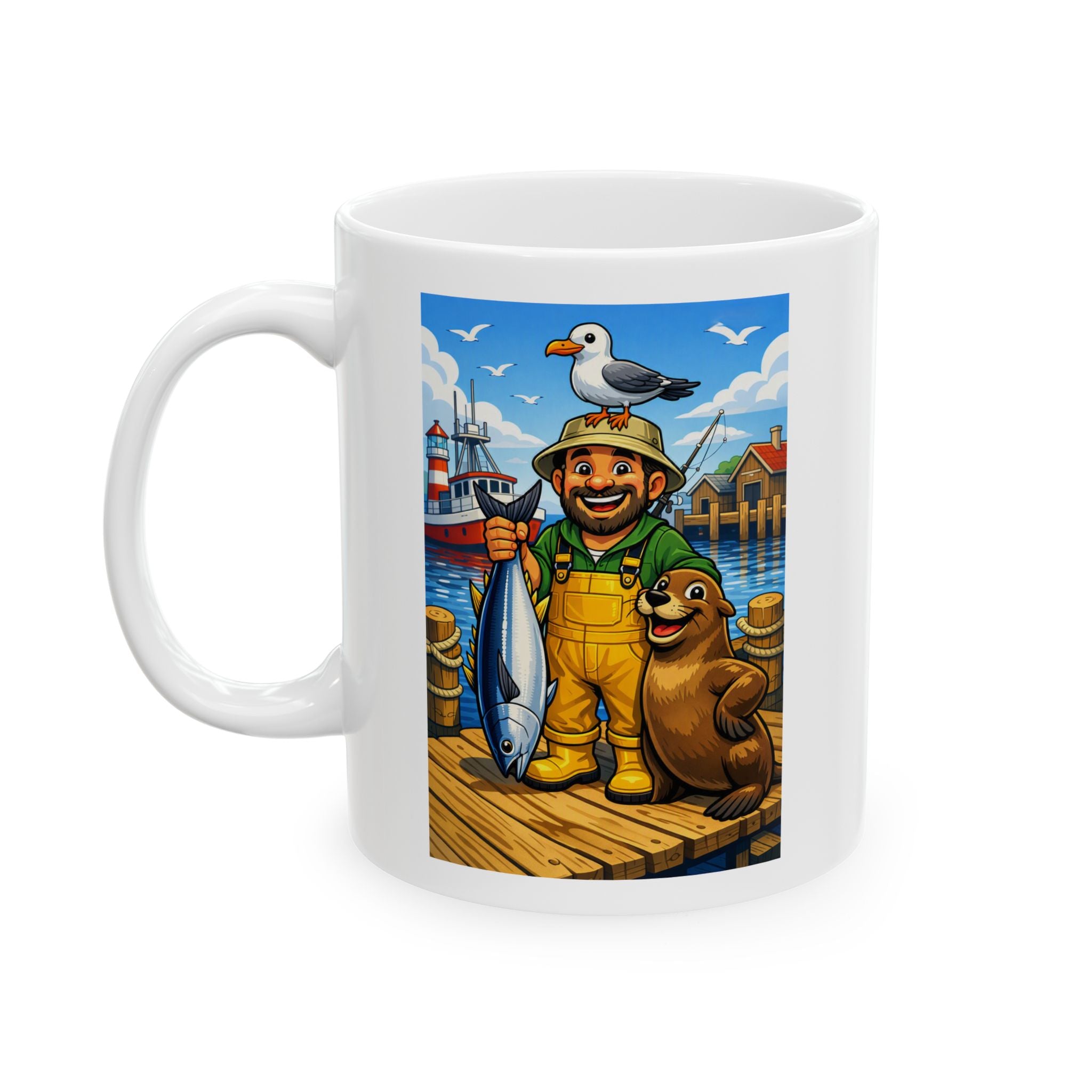 Seaside Harbor Ceramic Mug – "A Day in the Life of the Waterfront" with Cute Seagull Art (11oz/15oz)