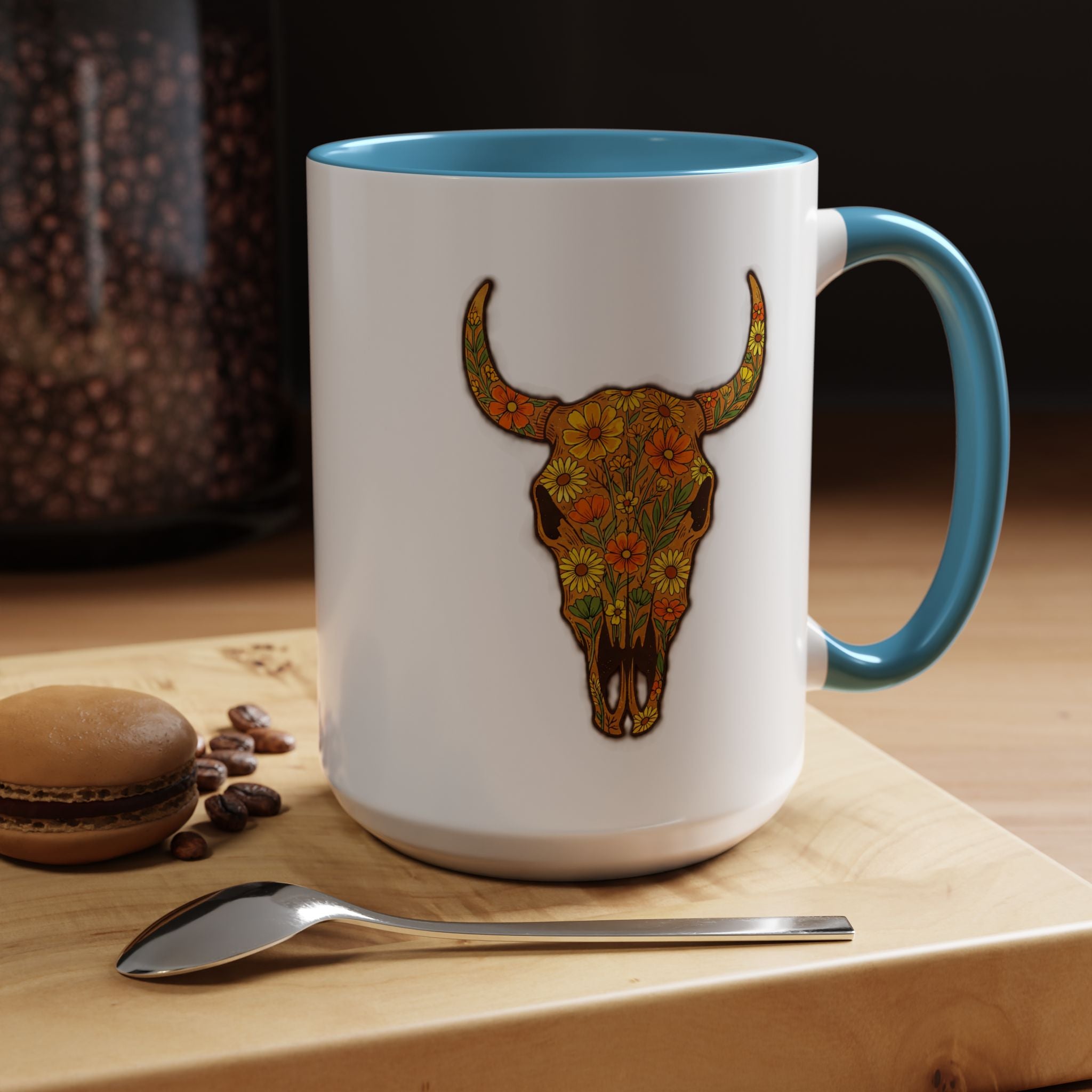 Copy of Turquoise Floral Bull Skull Coffee Mug — Southwestern Accent 11/15oz