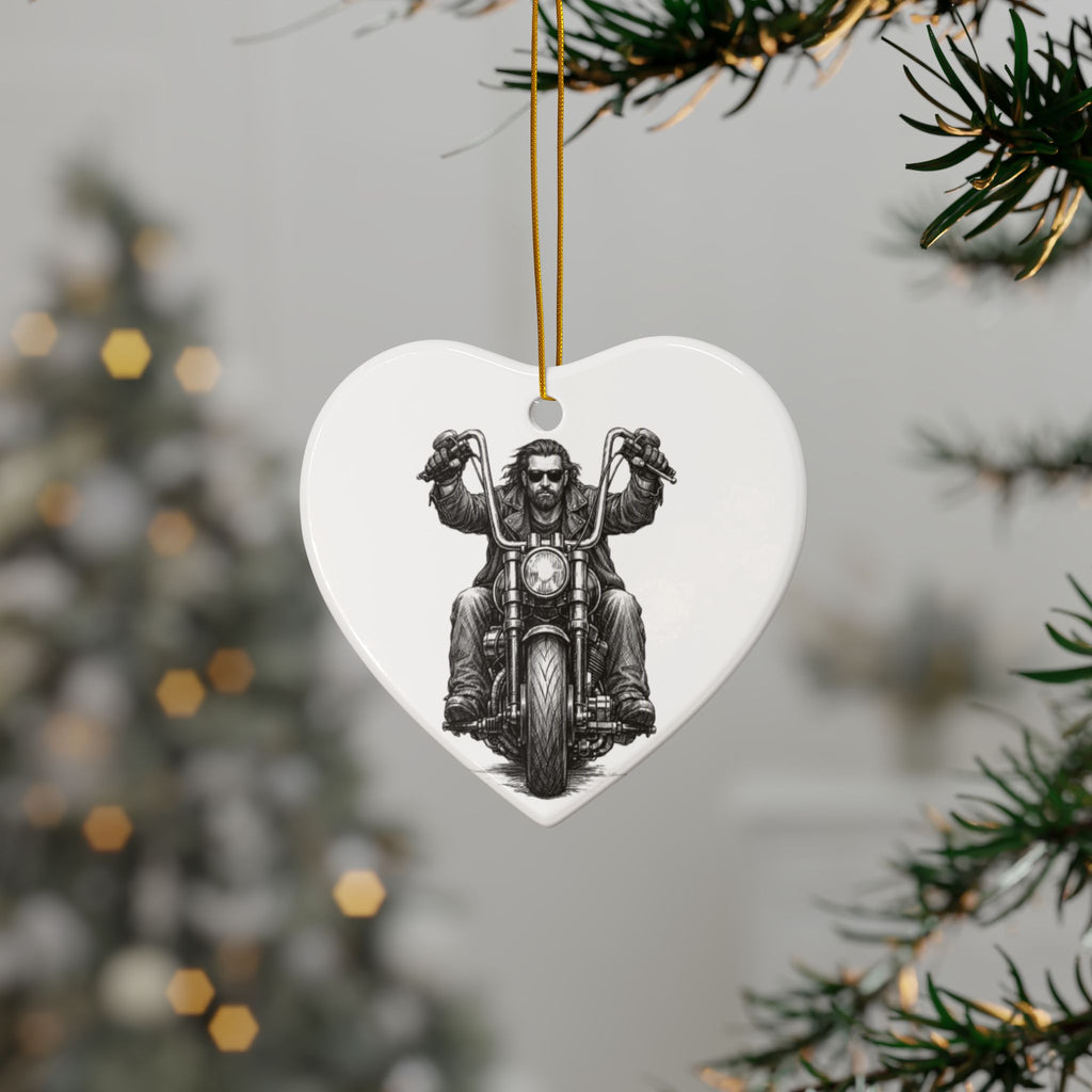 Biker Motorcycle Ceramic Ornament — Double-Sided Round Holiday Decoration