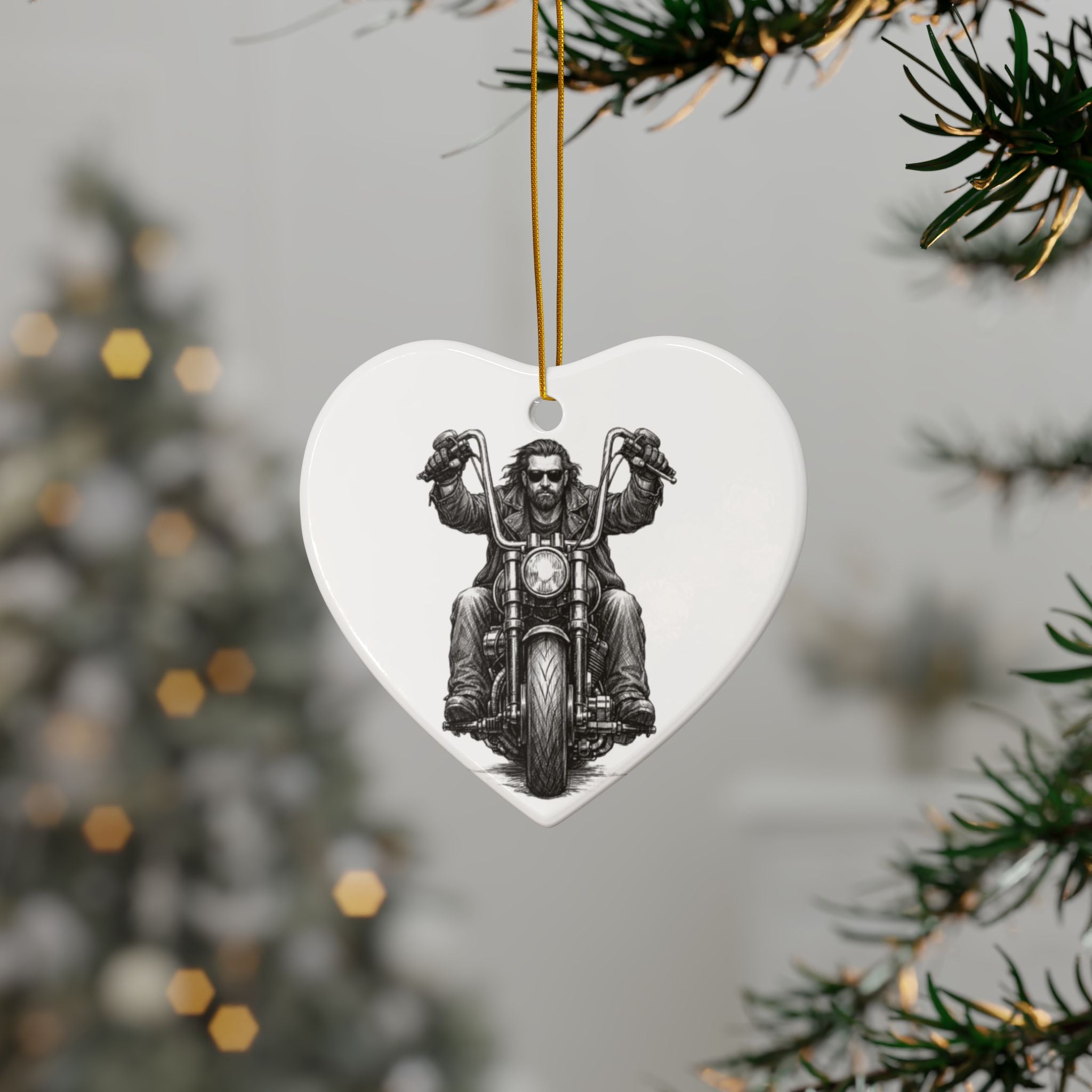Biker Motorcycle Ceramic Ornament — Double-Sided Round Holiday Decoration