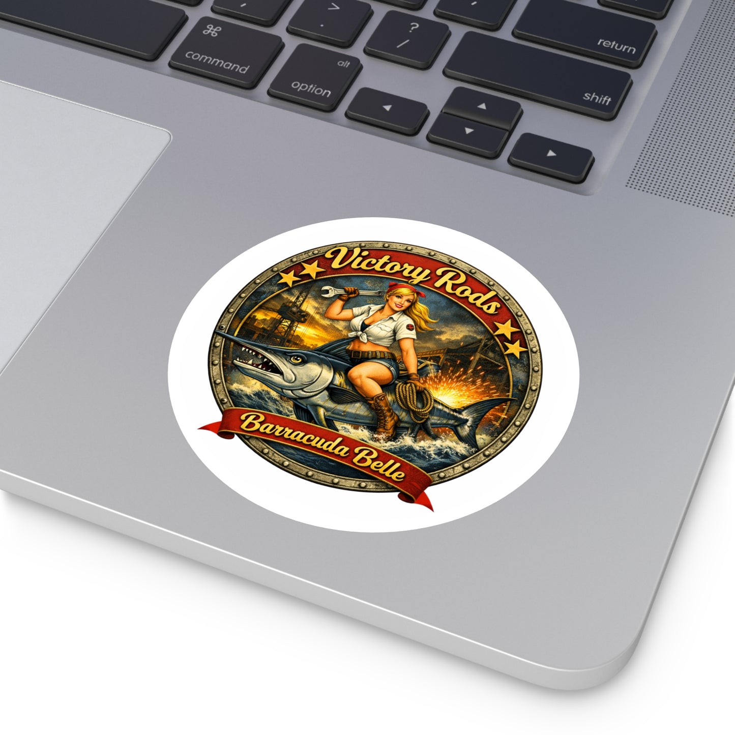 Barracuda Belle Round Sticker — Vintage Pin-Up Fishing Logo (Indoor/Outdoor)