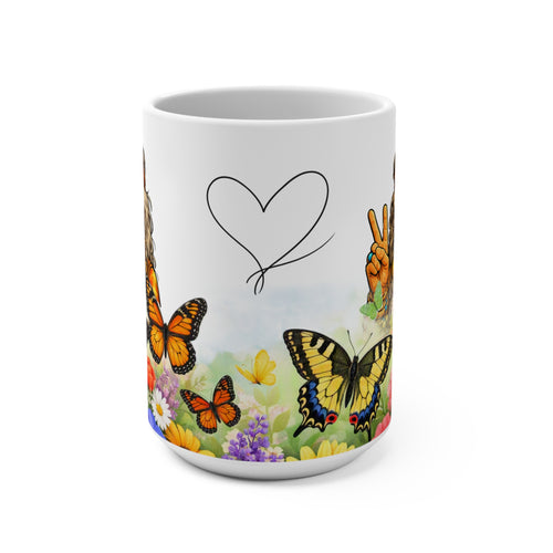 15oz Me & Ma Hippie Mug — Peace Sign, Butterflies & Flower Garden Coffee Cup