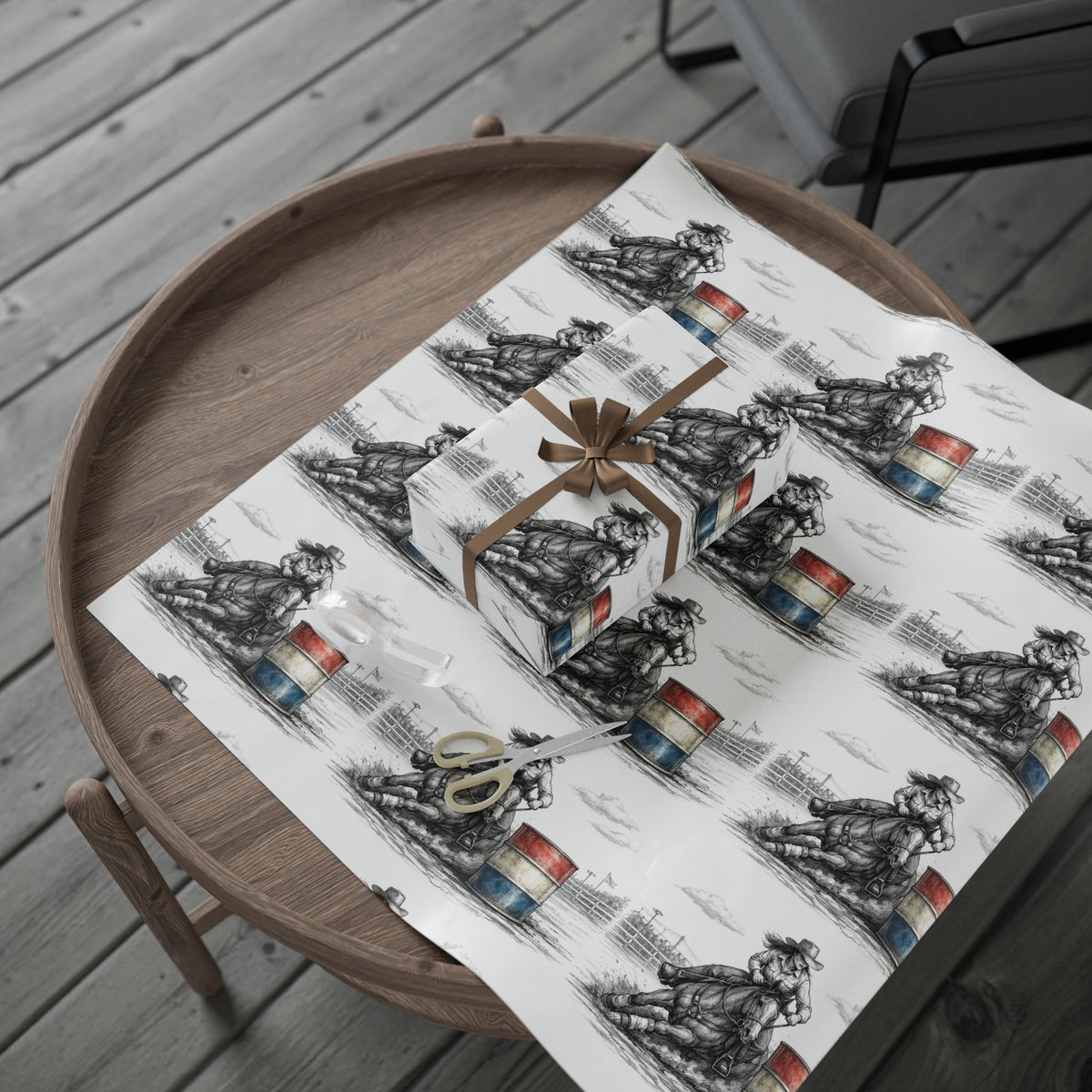Barrel Racing Wrapping Paper Roll — Black Sketch Rodeo Gift Wrap