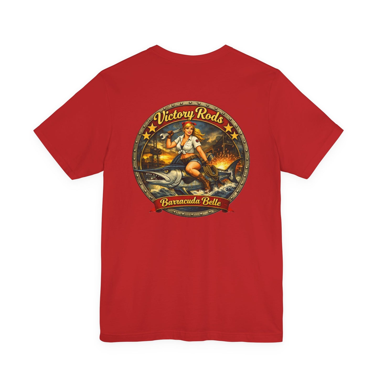 Barracuda Belle Vintage Pinup Tee — Victory Rods Motorcycle T‑Shirt