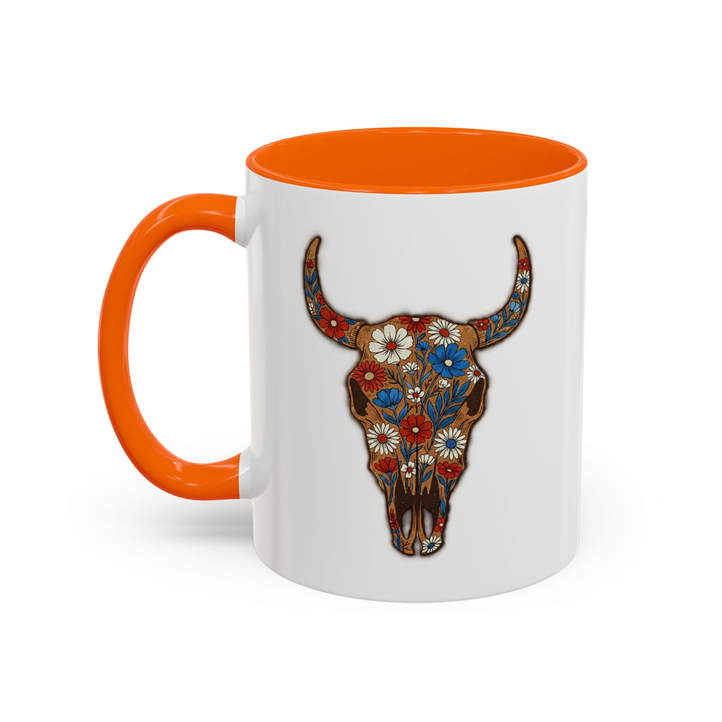 Red, White and Blue Floral Bull Skull Coffee Mug — Southwestern Accent 11/15oz