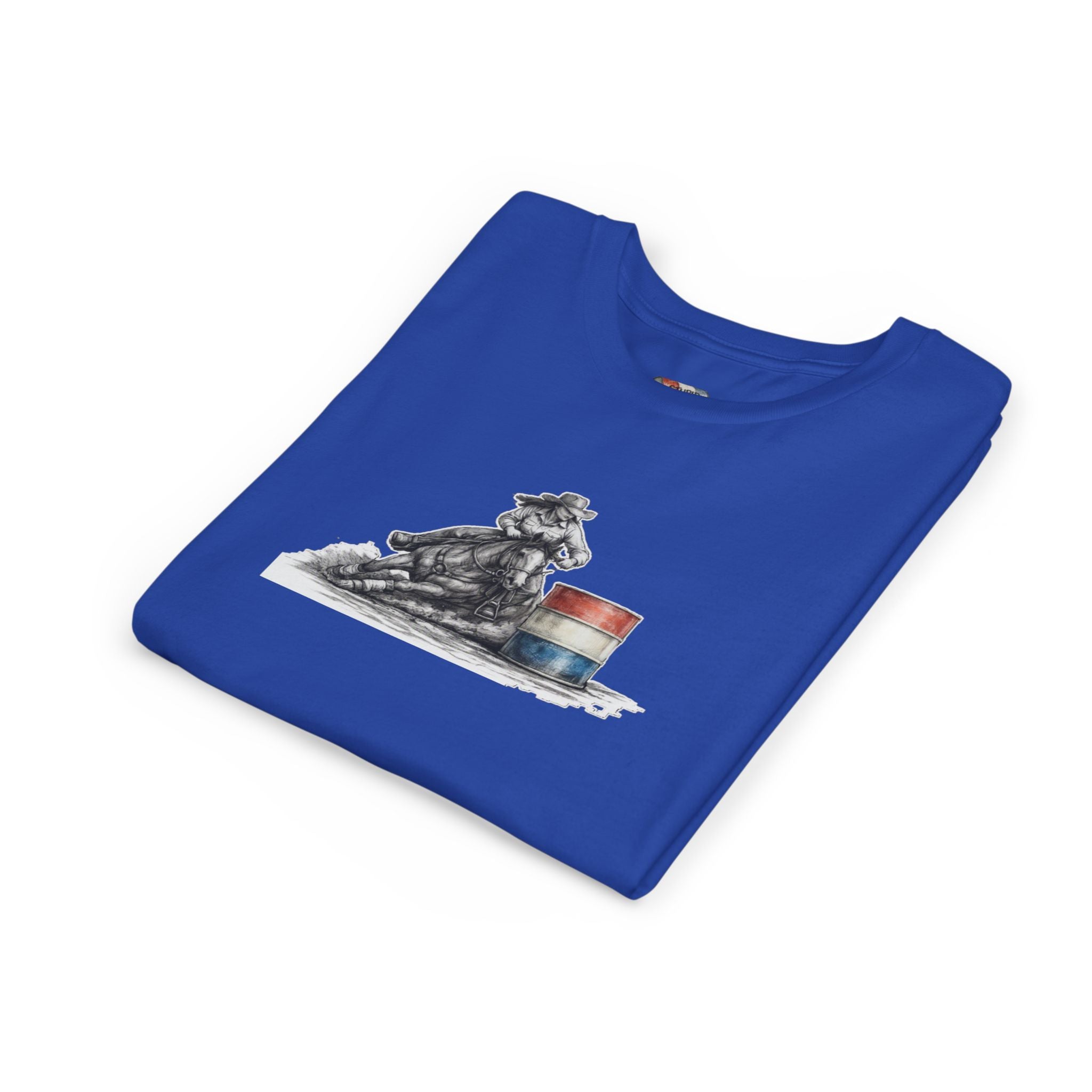 Youth Tee — Rodeo Cowgirl with Patriotic Barrel Graphic