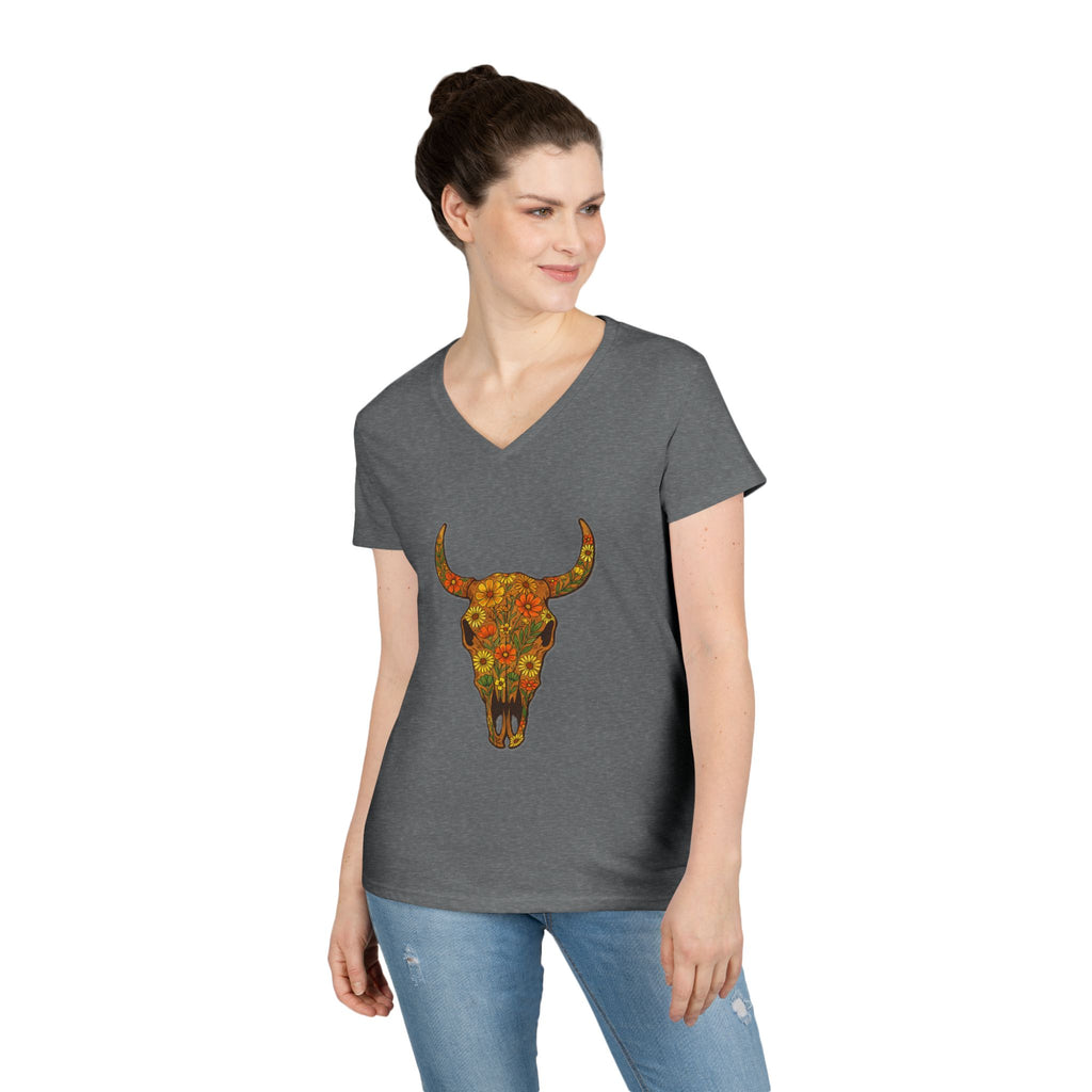 Floral Autumn Colors Bull Skull V-Neck Tee