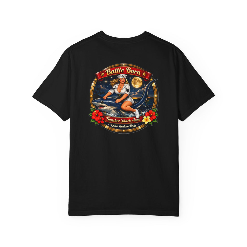 Thresher Shark T-Shirt — Kona Rods "Battle Born" Vintage Pinup Graphic