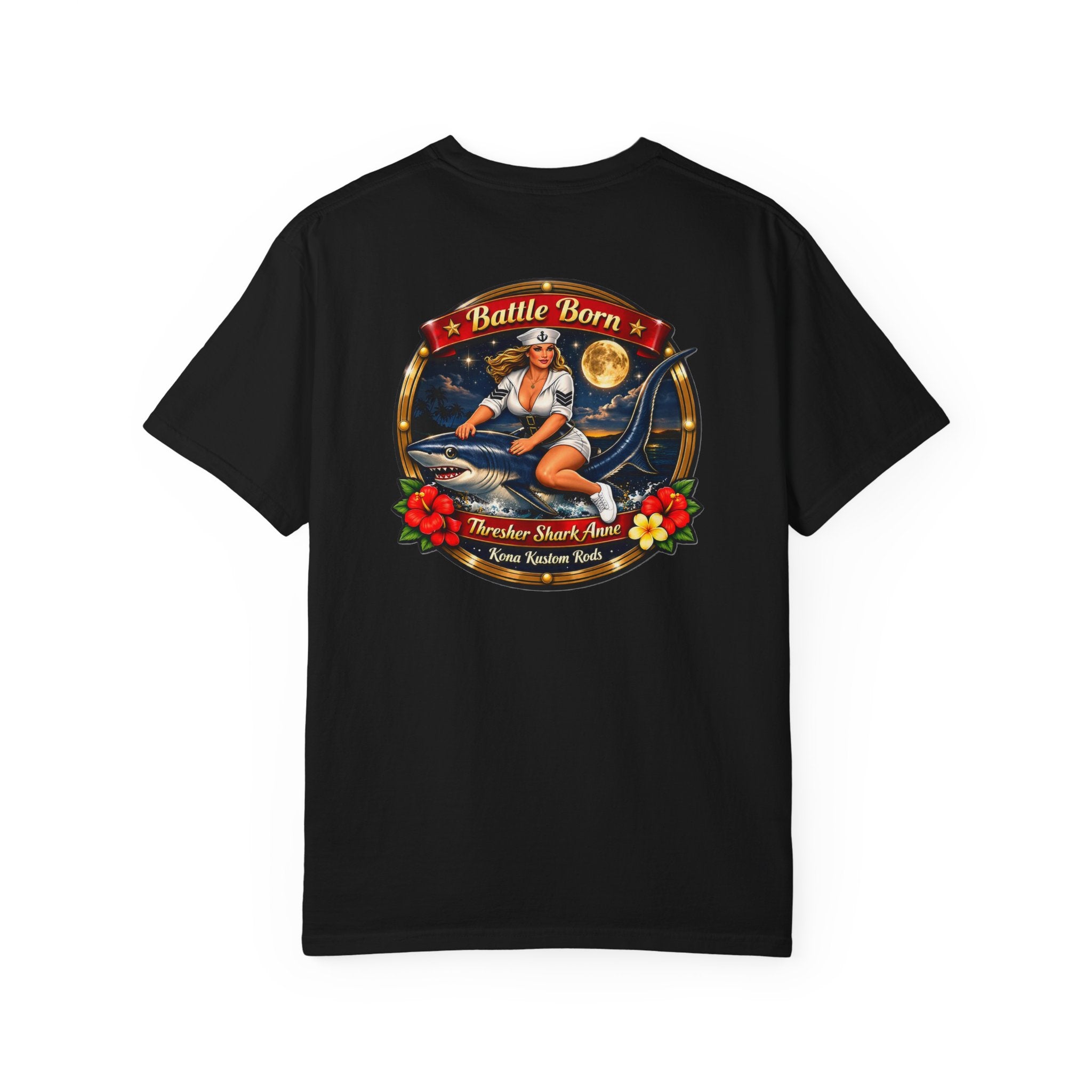 Thresher Shark T-Shirt — Kona Rods "Battle Born" Vintage Pinup Graphic