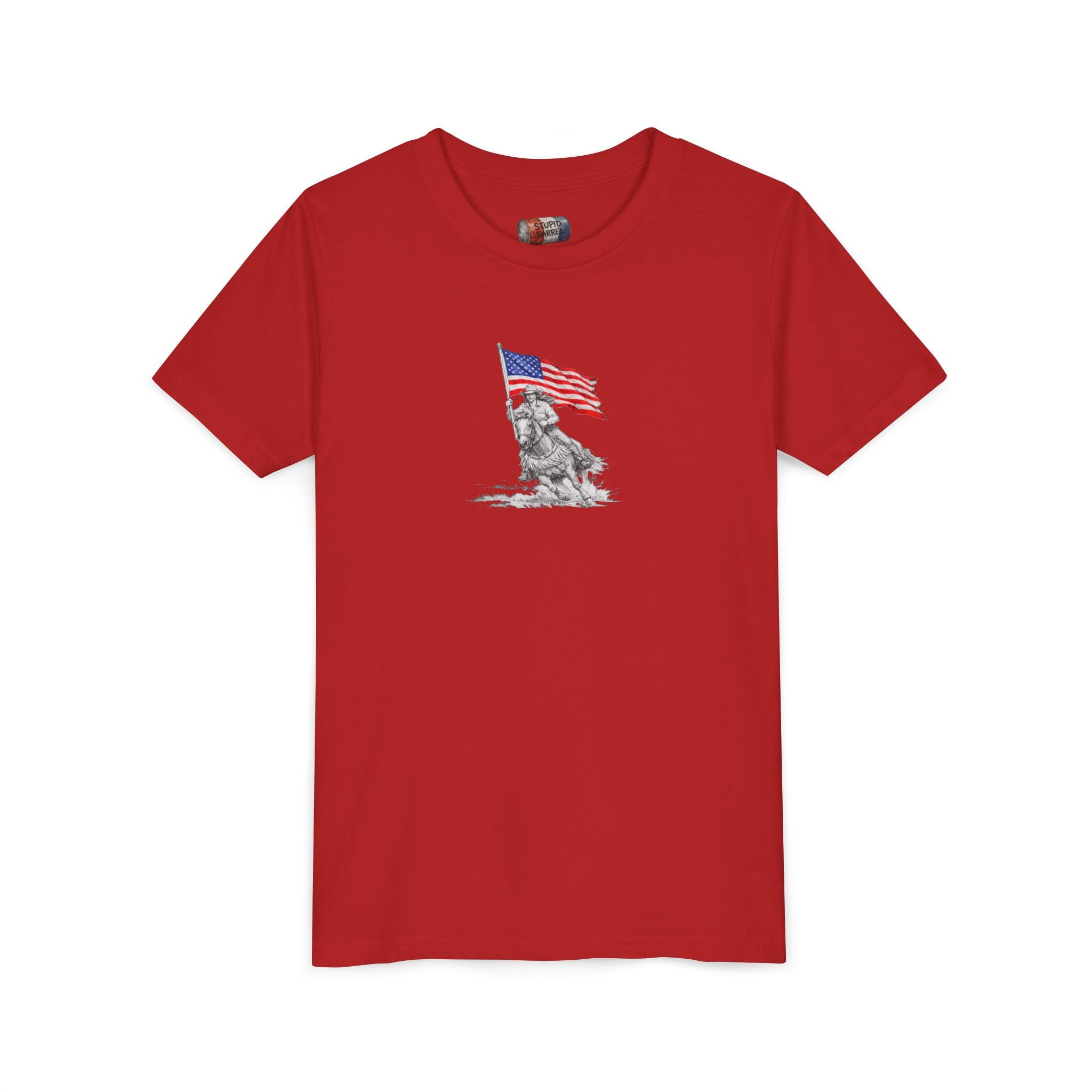 Youth Tee — Rodeo Bull Rider with Patriotic Barrel Graphic