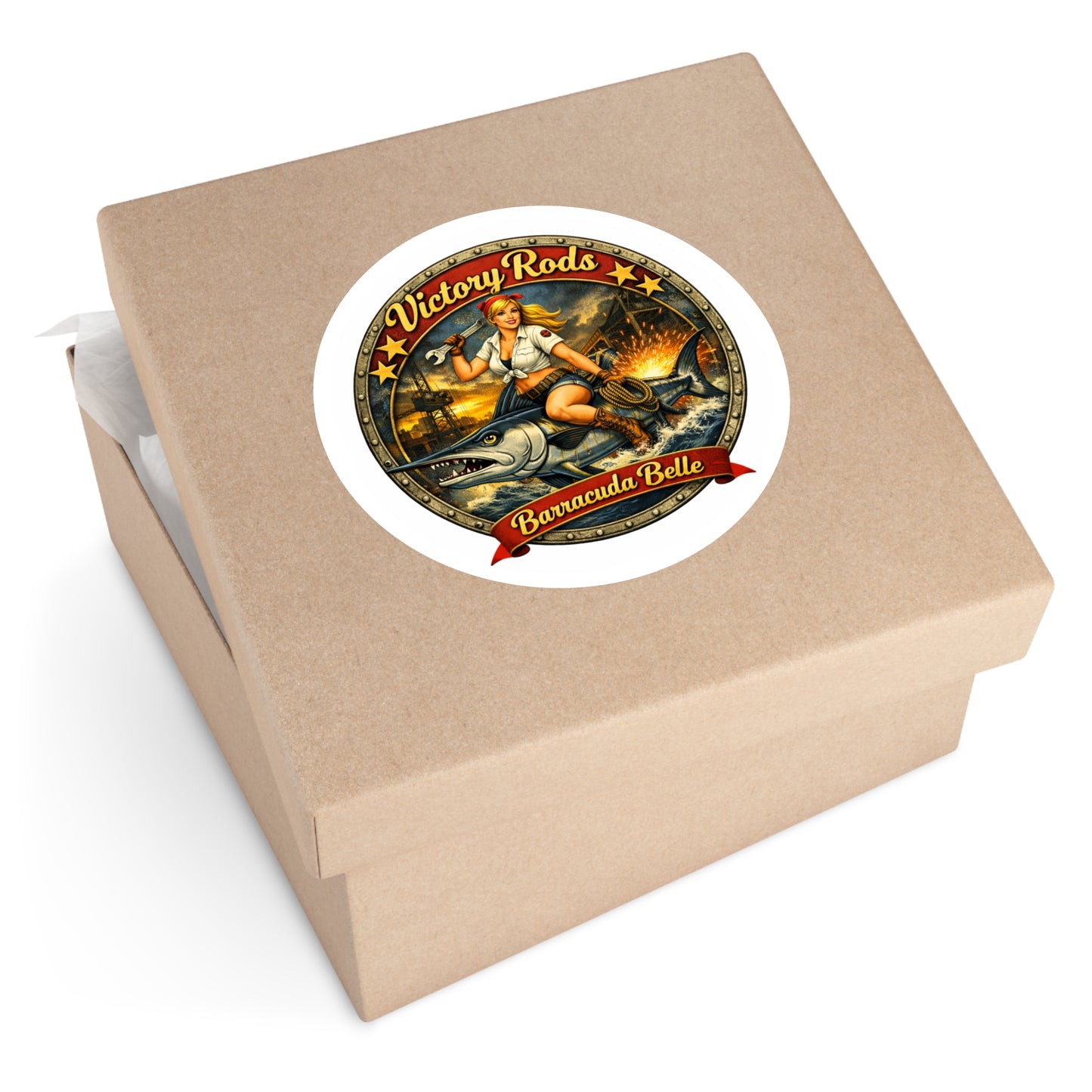 Barracuda Belle Round Sticker — Vintage Pin-Up Fishing Logo (Indoor/Outdoor)