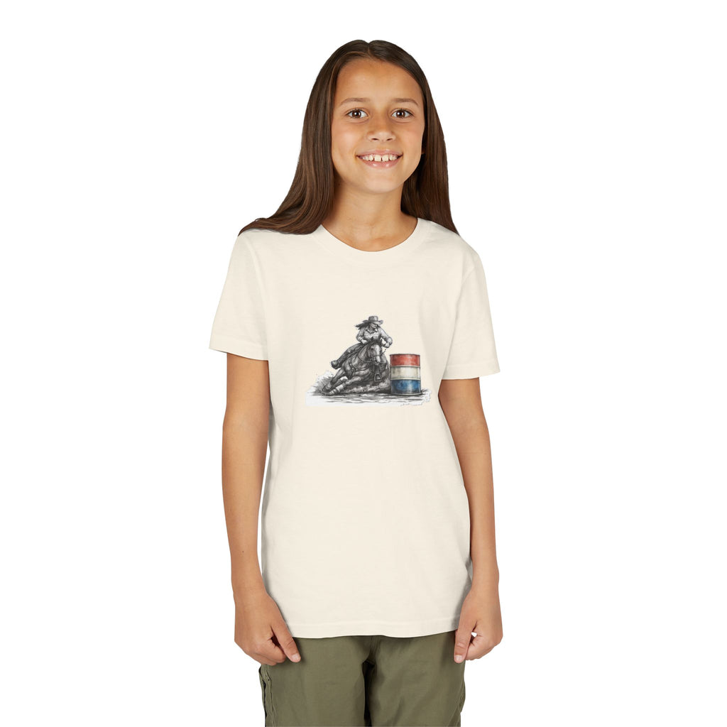 Youth Tee — Rodeo Cowgirl with Patriotic Barrel Graphic