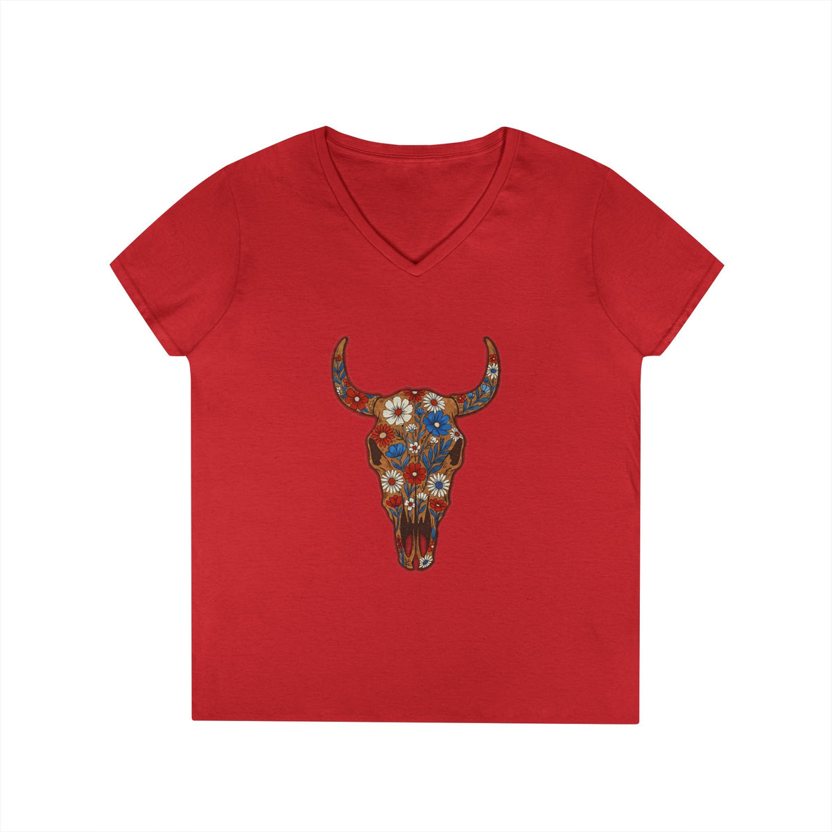 Floral Bull Skull V-Neck Tee