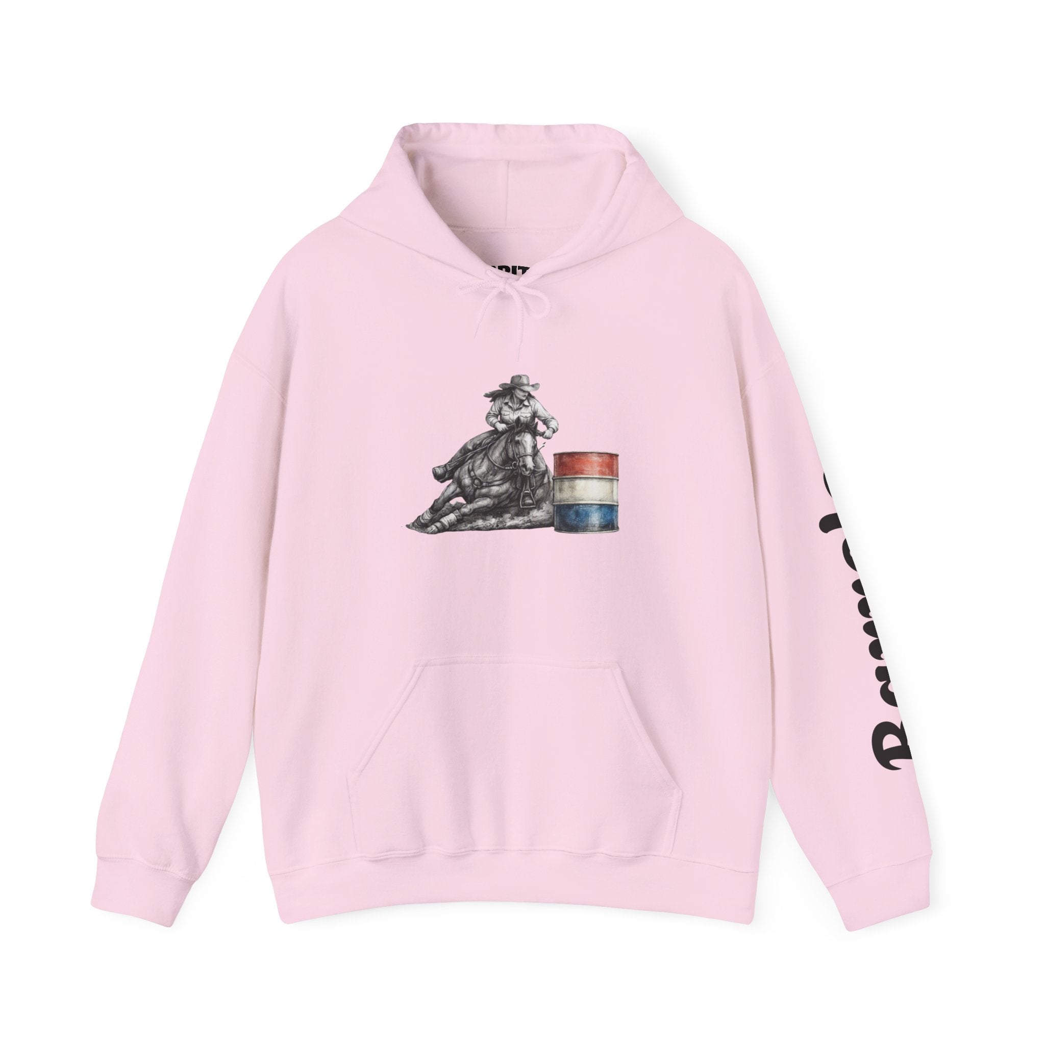 Cowgirl Barrel Racing Hoodie — Western Rodeo Pullover with 'barrels' Sleeve Text