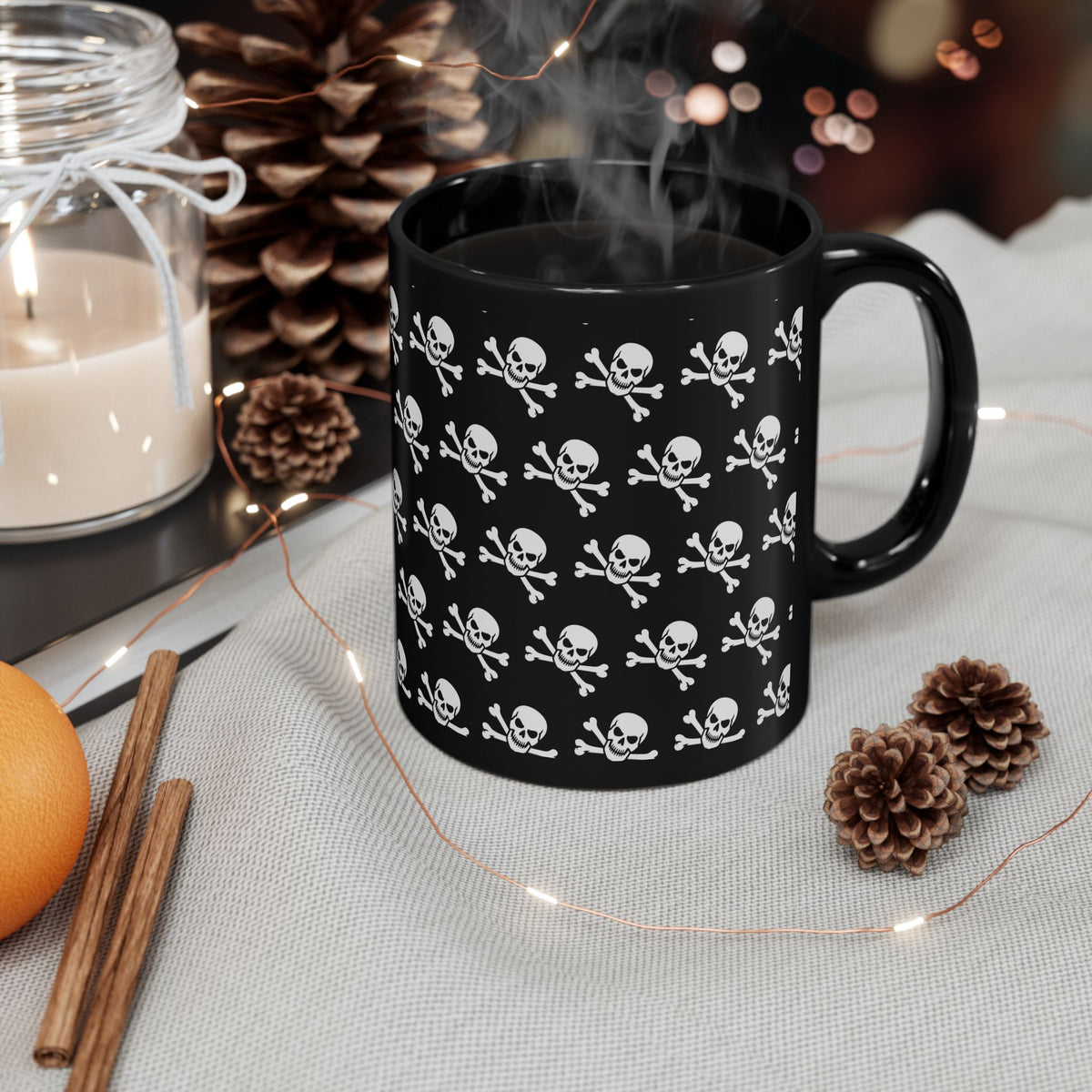 Skull & Crossbones Pattern Mug — Gothic Black Coffee Cup (11oz/15oz)