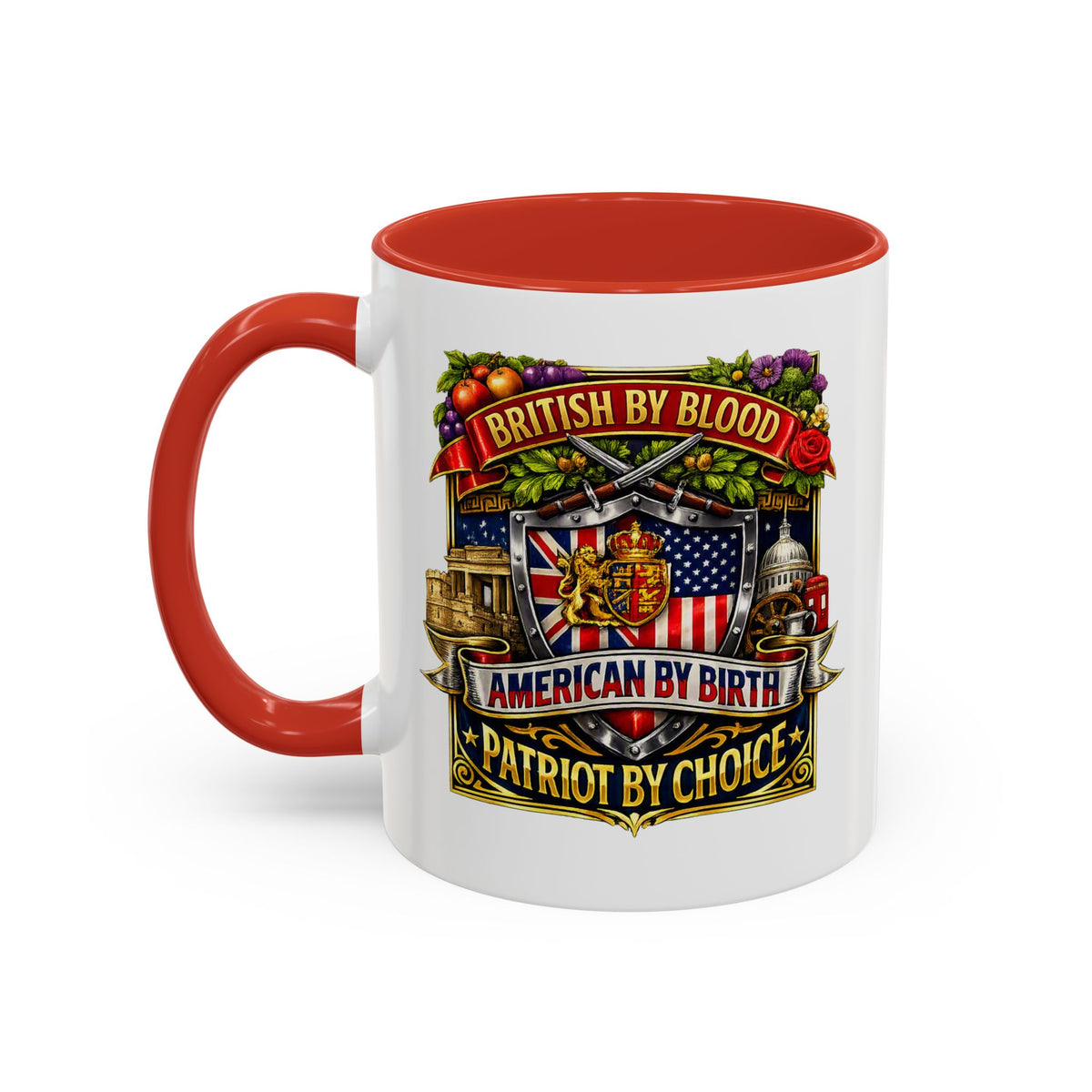 British Pride Coffee Mug — "British by Blood, American by Birth, Patriot by Choice" Patriotic Ceramic Mug