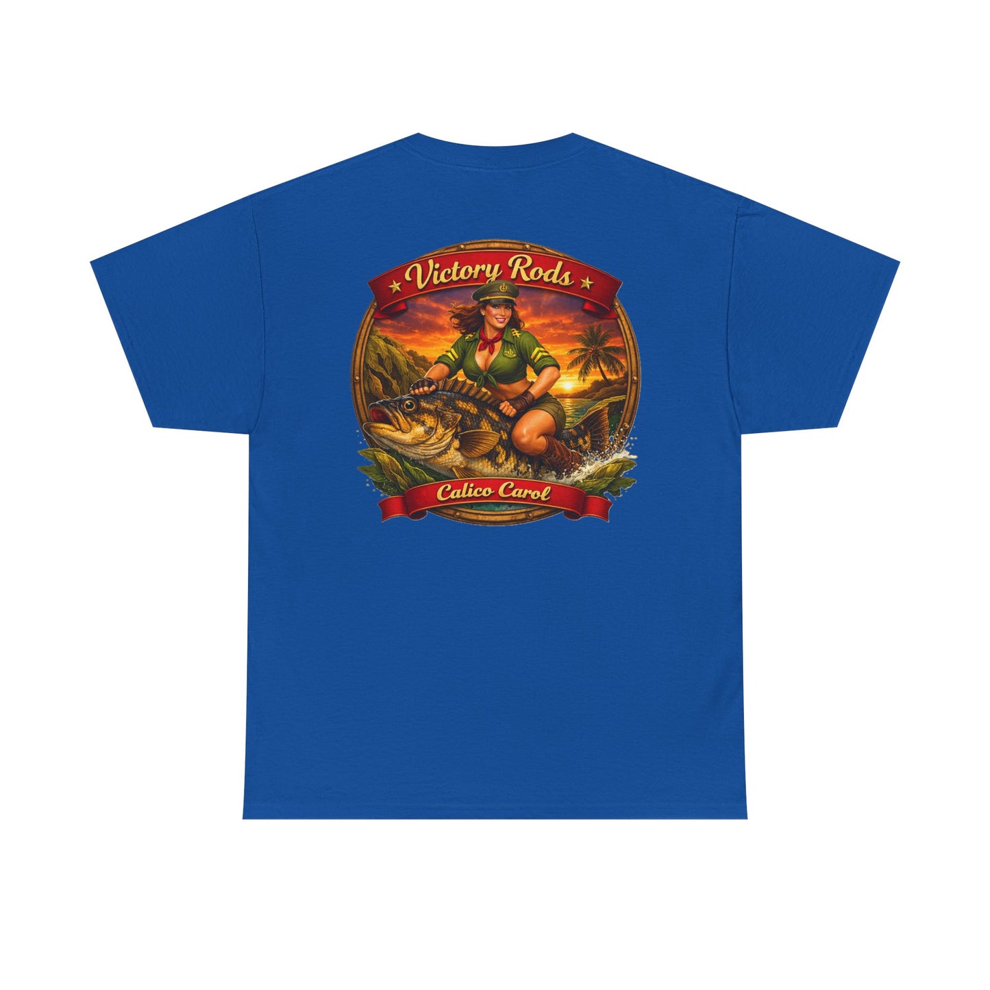 Vintage Pinup Fishing T-Shirt — “Victory Rods” Calico Carol Graphic Tee