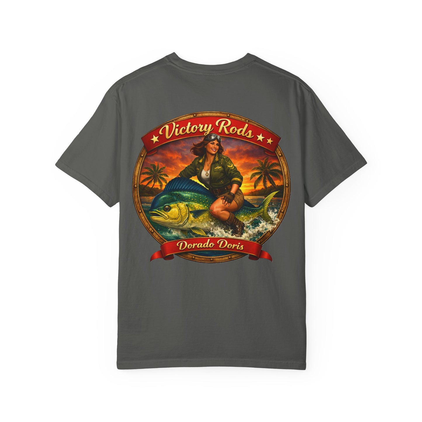 Victory Rods "Dorado Doris" Fishing T-Shirt — Retro Pinup Angler Tee