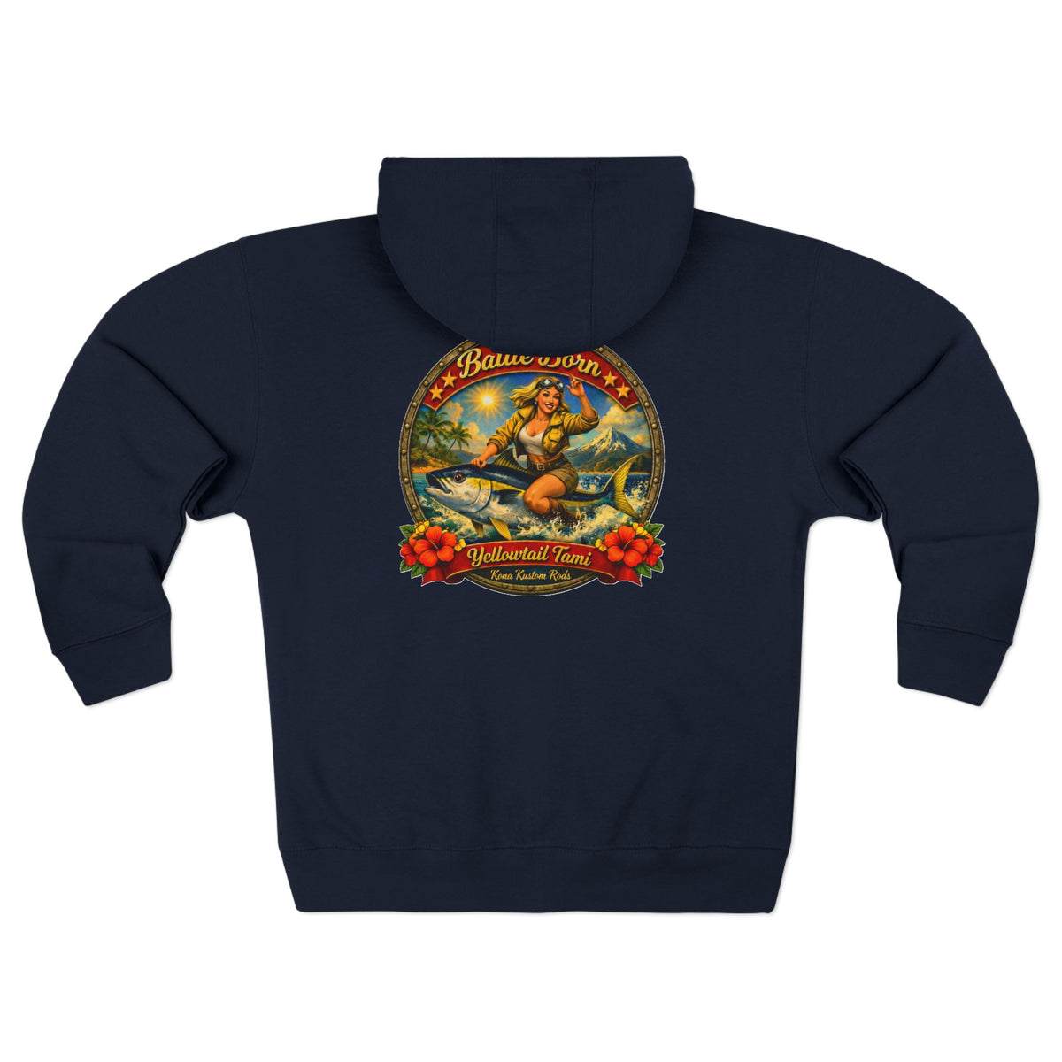 Vintage Hawaiian Bait Shop Zip Hoodie — Island Vibes with a WWll Pinup Graphic