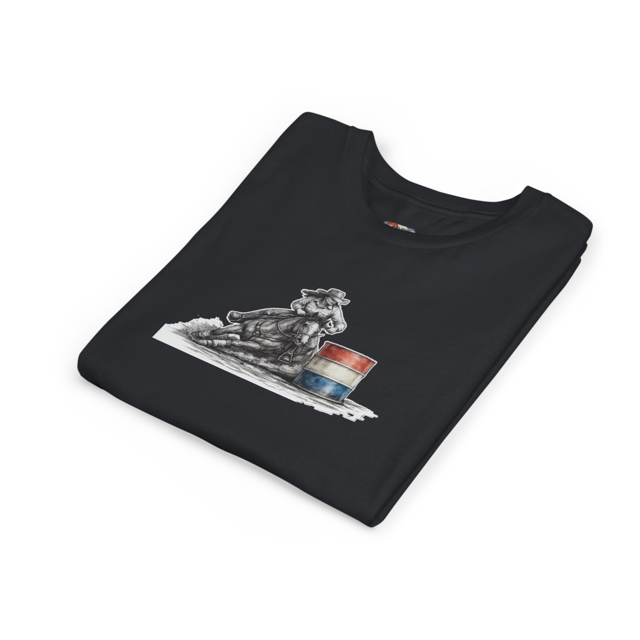 Youth Tee — Rodeo Cowgirl with Patriotic Barrel Graphic