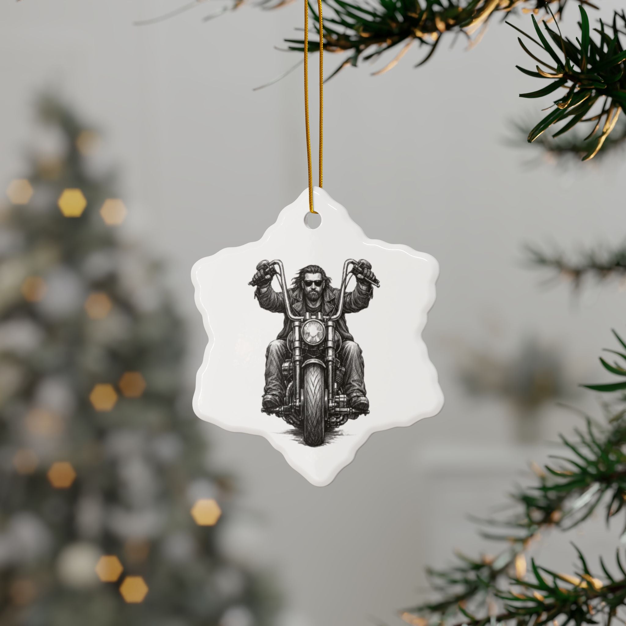 Biker Motorcycle Ceramic Ornament — Double-Sided Round Holiday Decoration