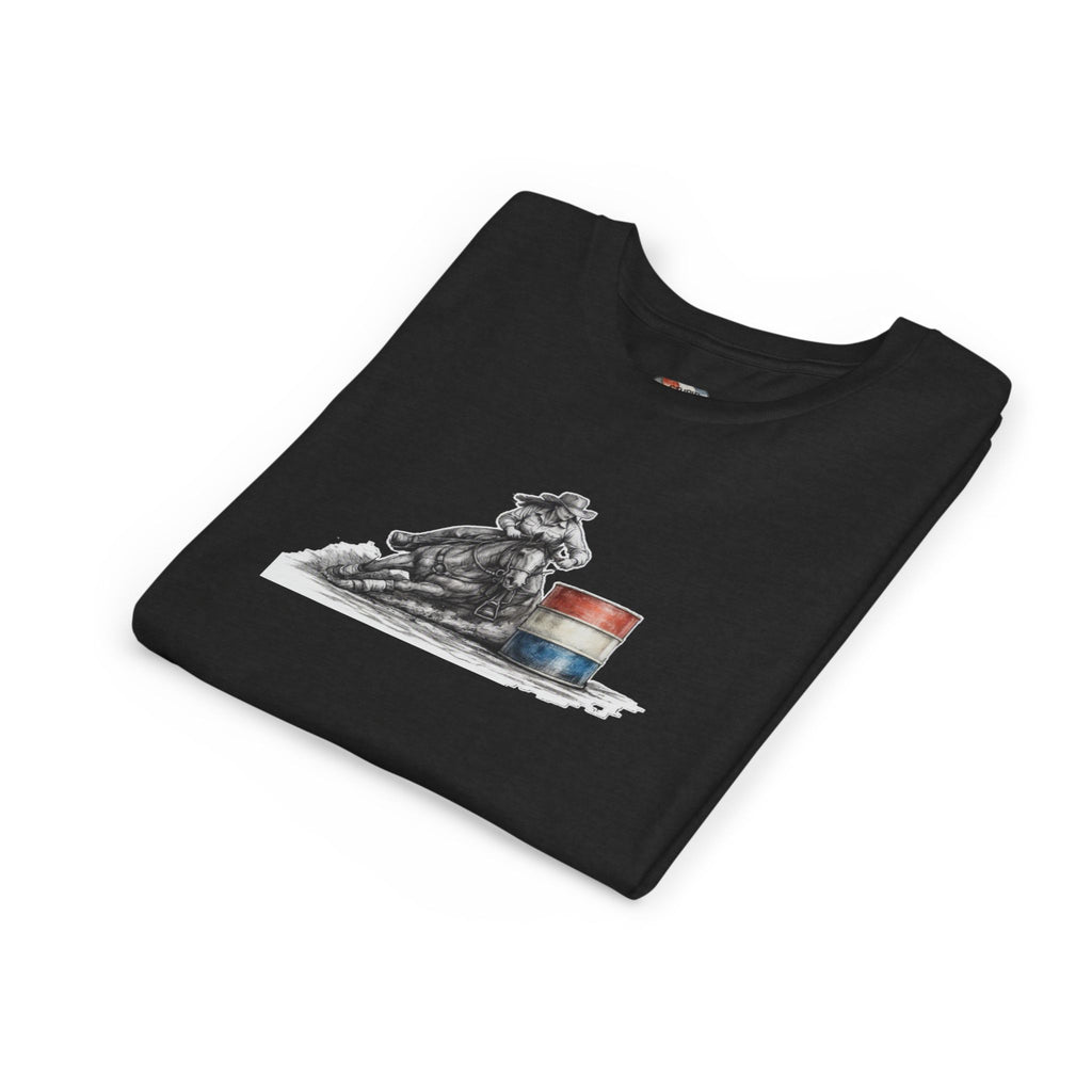 Youth Tee — Rodeo Cowgirl with Patriotic Barrel Graphic