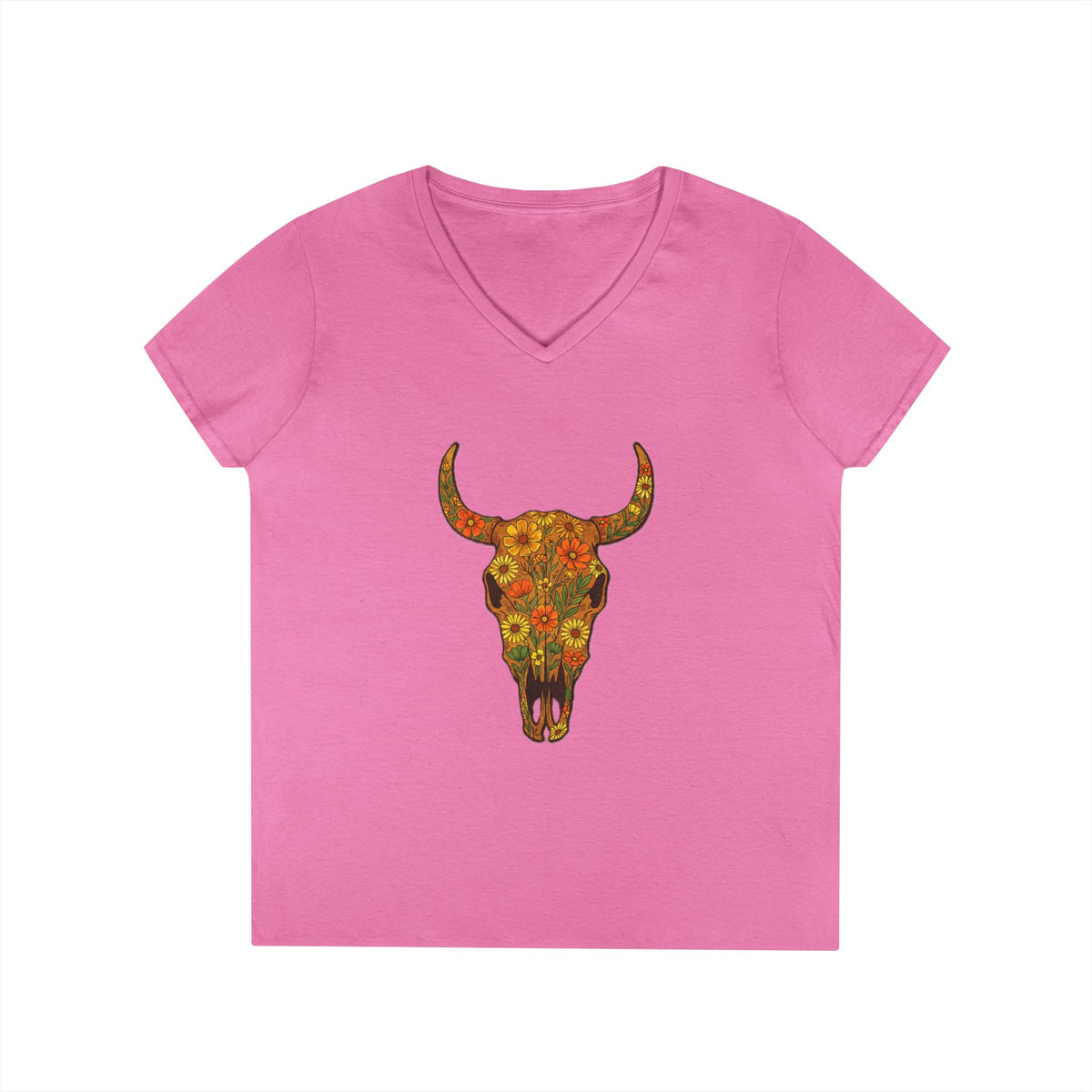 Floral Autumn Colors Bull Skull V-Neck Tee