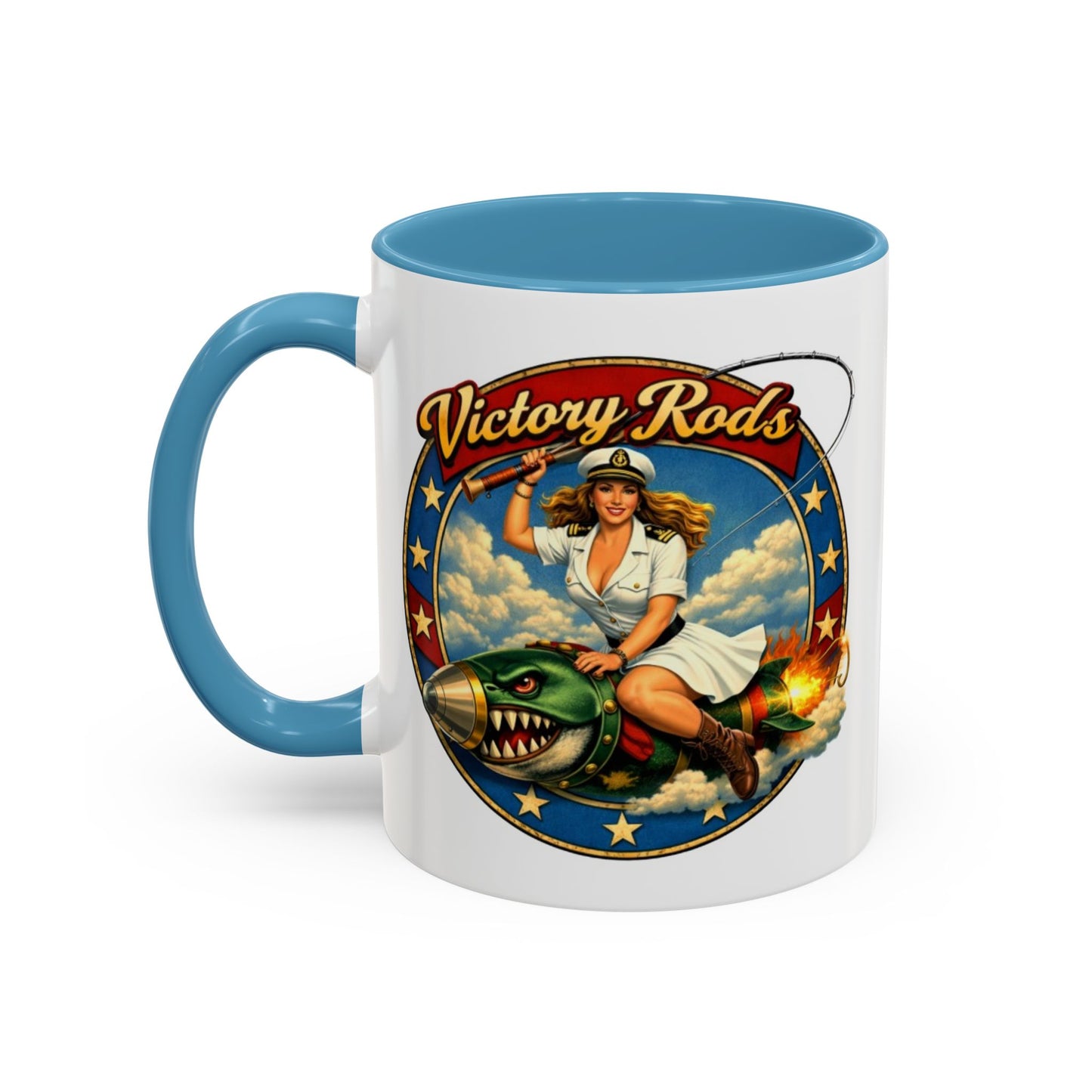 Victory Rods Sportfisherman's WWII Nose Art Pin-Up Illustration Mug | Ceramic Coffee Cup