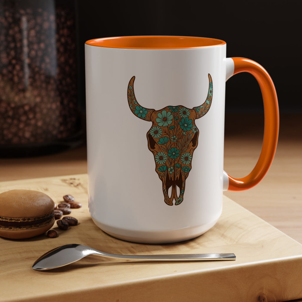 Red, White and Blue Floral Bull Skull Coffee Mug — Southwestern Accent 11/15oz