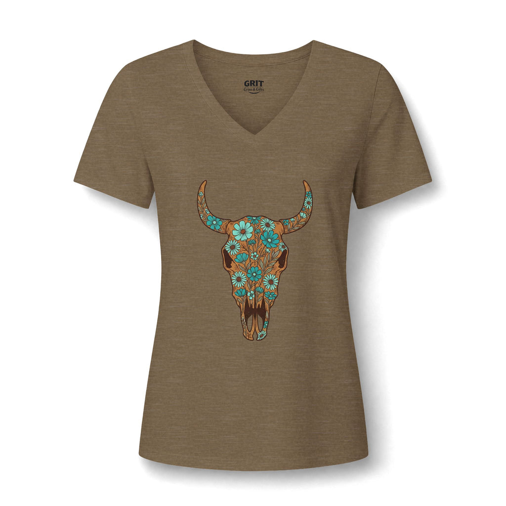 Women's V-Neck Tee — Floral Turquoise Bull Skull Graphic