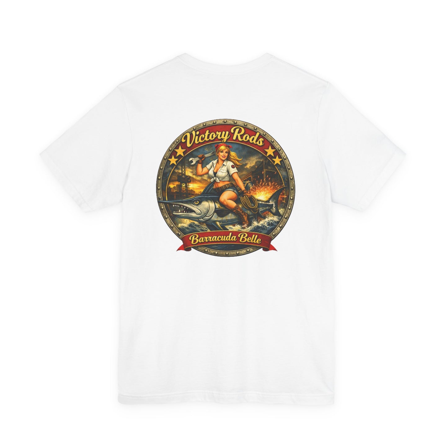 Barracuda Belle Vintage Pinup Tee — Victory Rods Motorcycle T‑Shirt