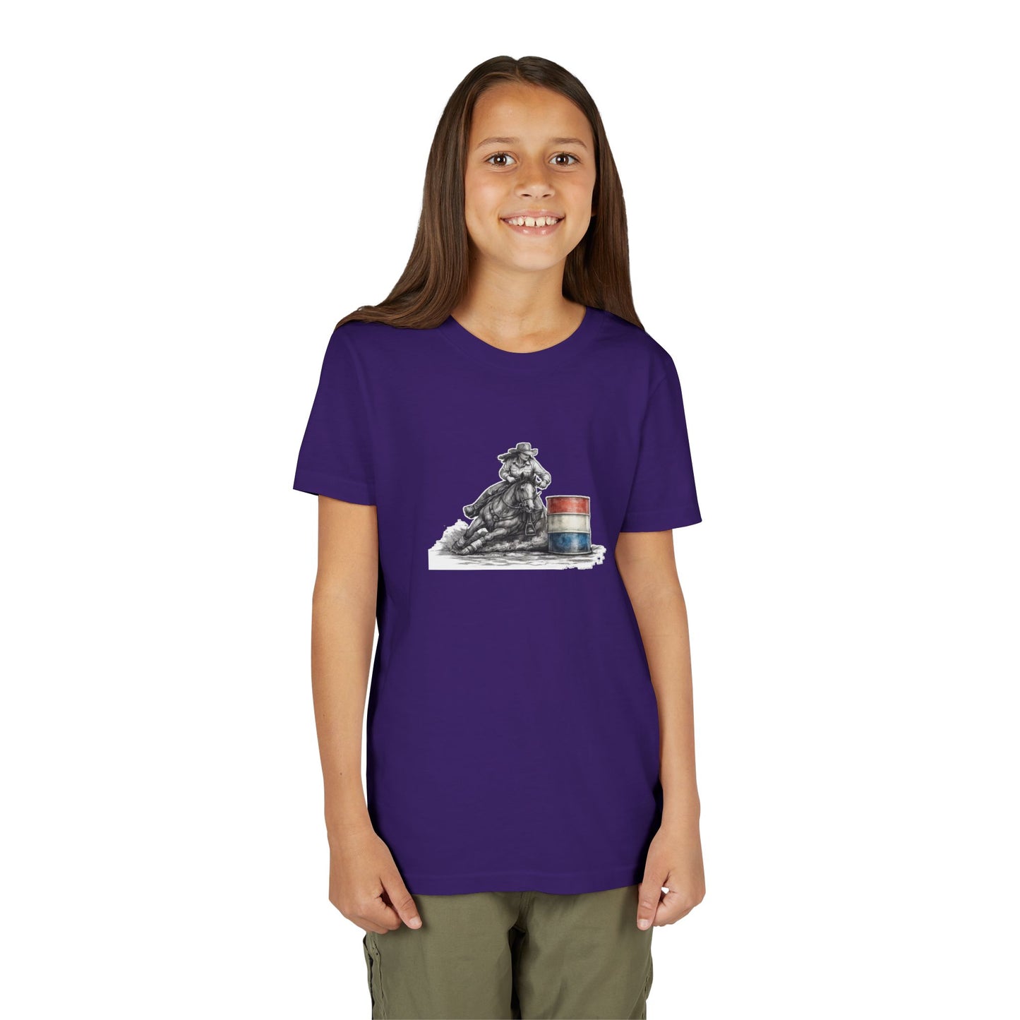 Youth Tee — Rodeo Cowgirl with Patriotic Barrel Graphic