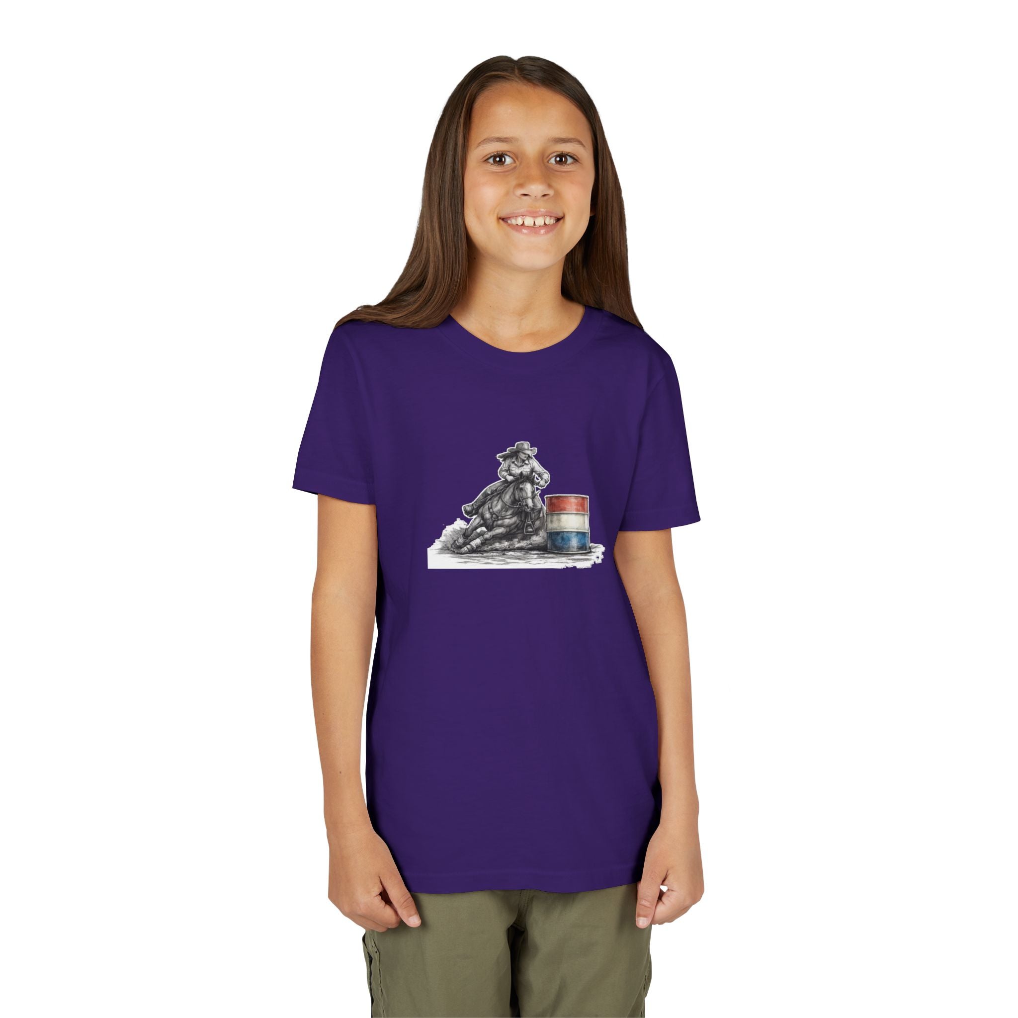 Youth Tee — Rodeo Cowgirl with Patriotic Barrel Graphic