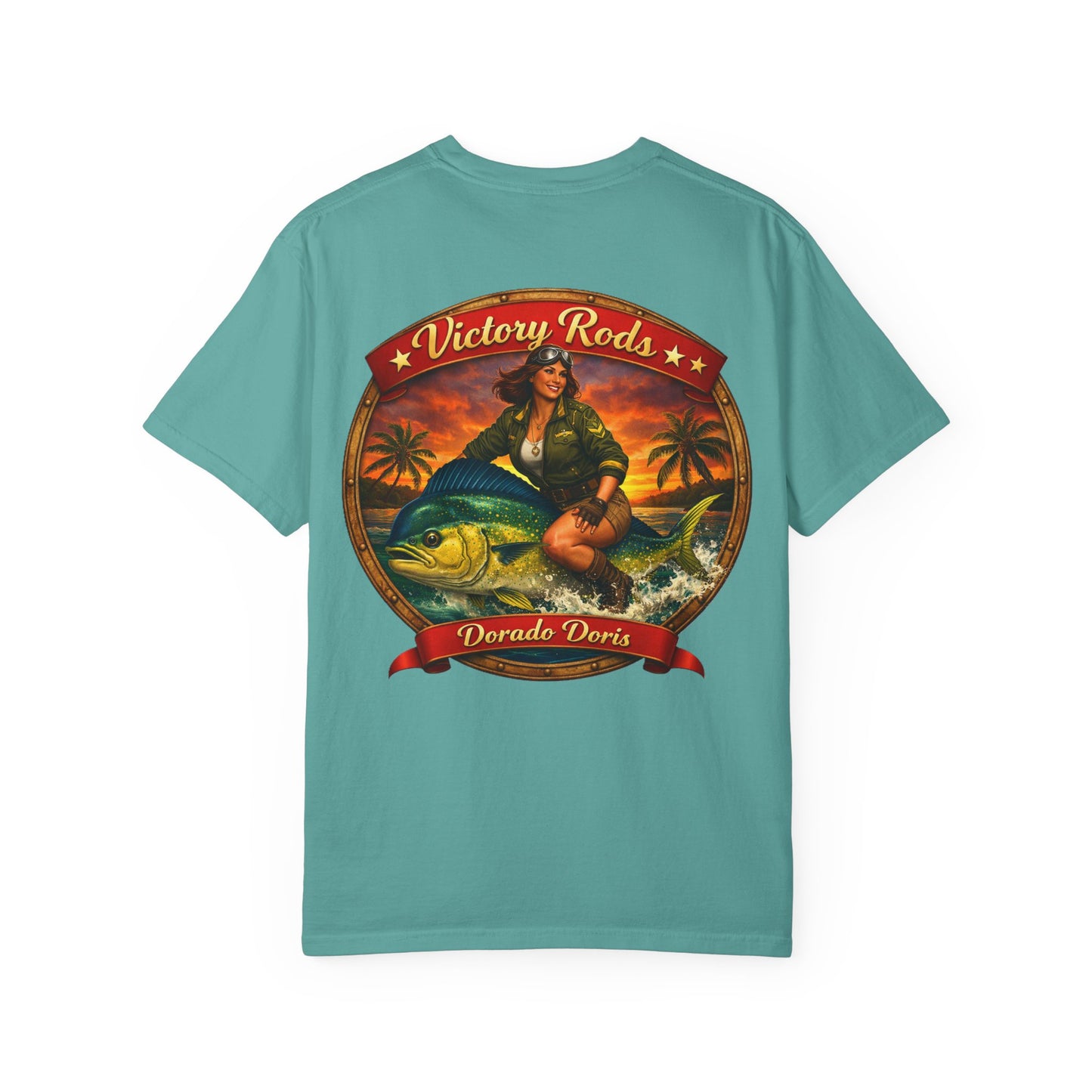 Victory Rods "Dorado Doris" Fishing T-Shirt — Retro Pinup Angler Tee
