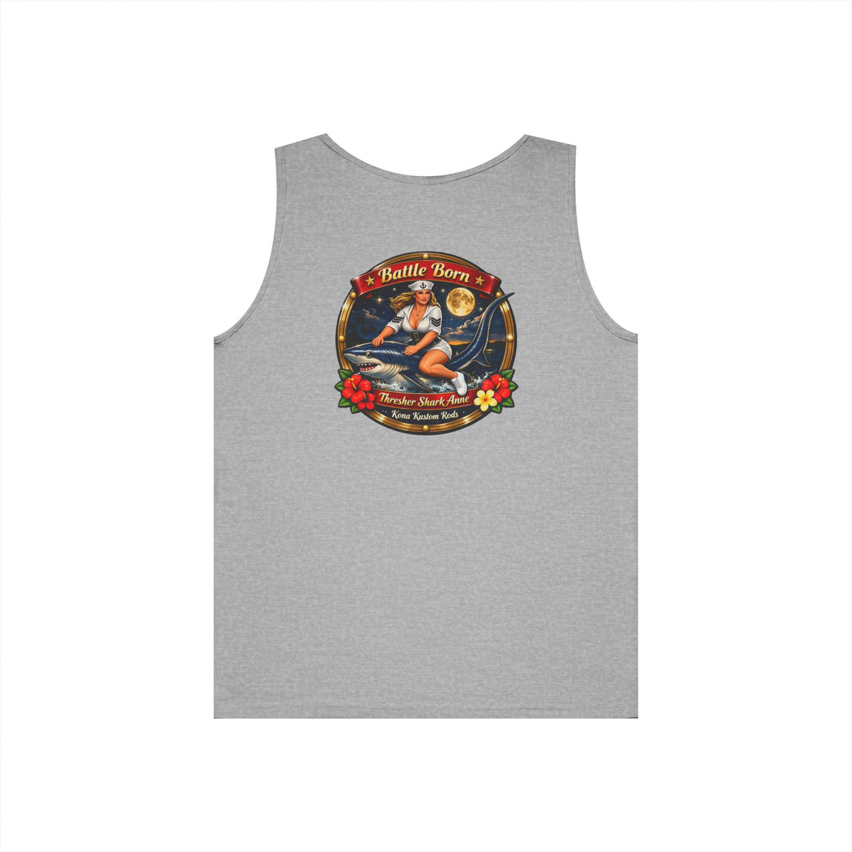 Kona Rods Vintage Pinup Beach Tank Top — 'Thresher Shark Anne' Retro WWII Nose Art