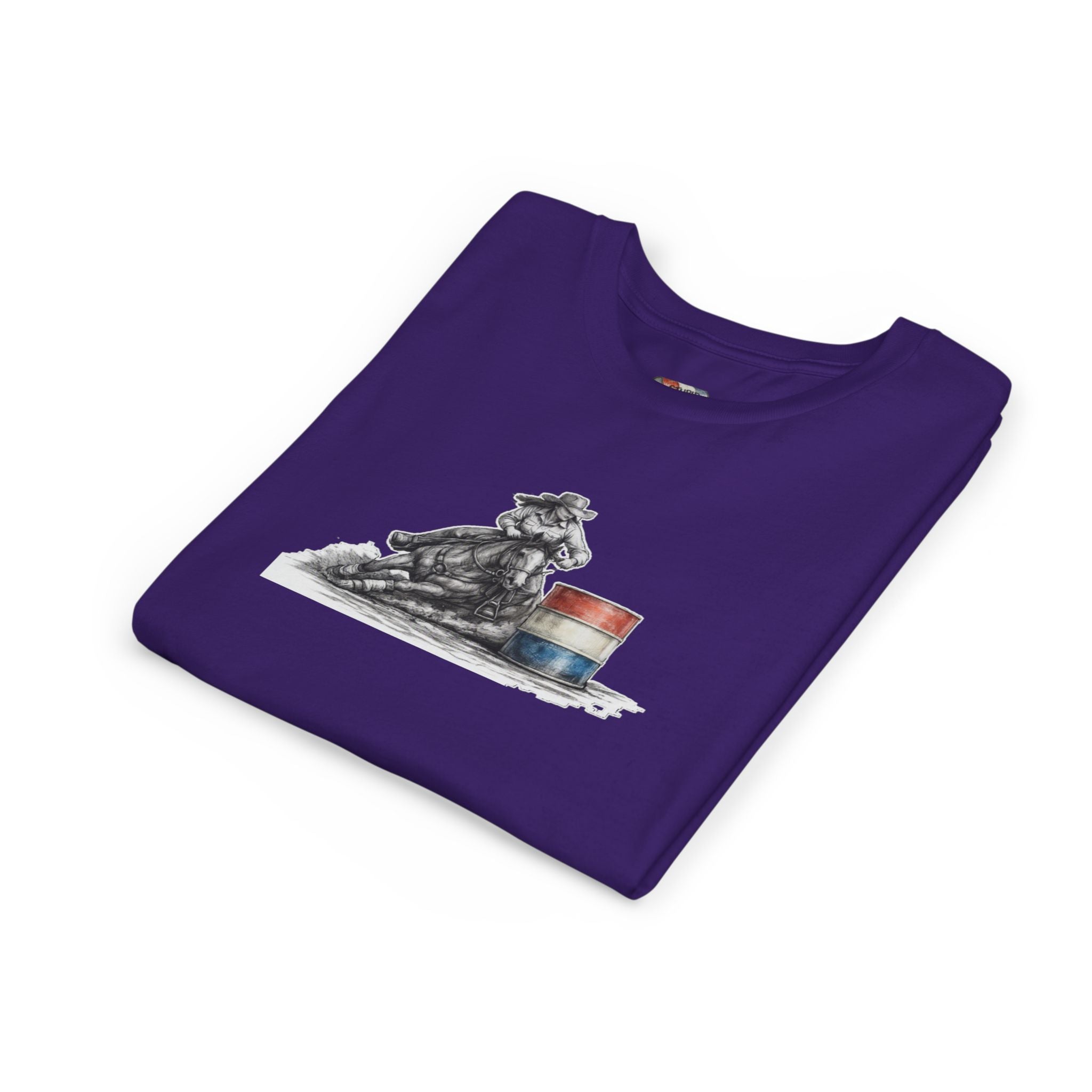 Youth Tee — Rodeo Cowgirl with Patriotic Barrel Graphic