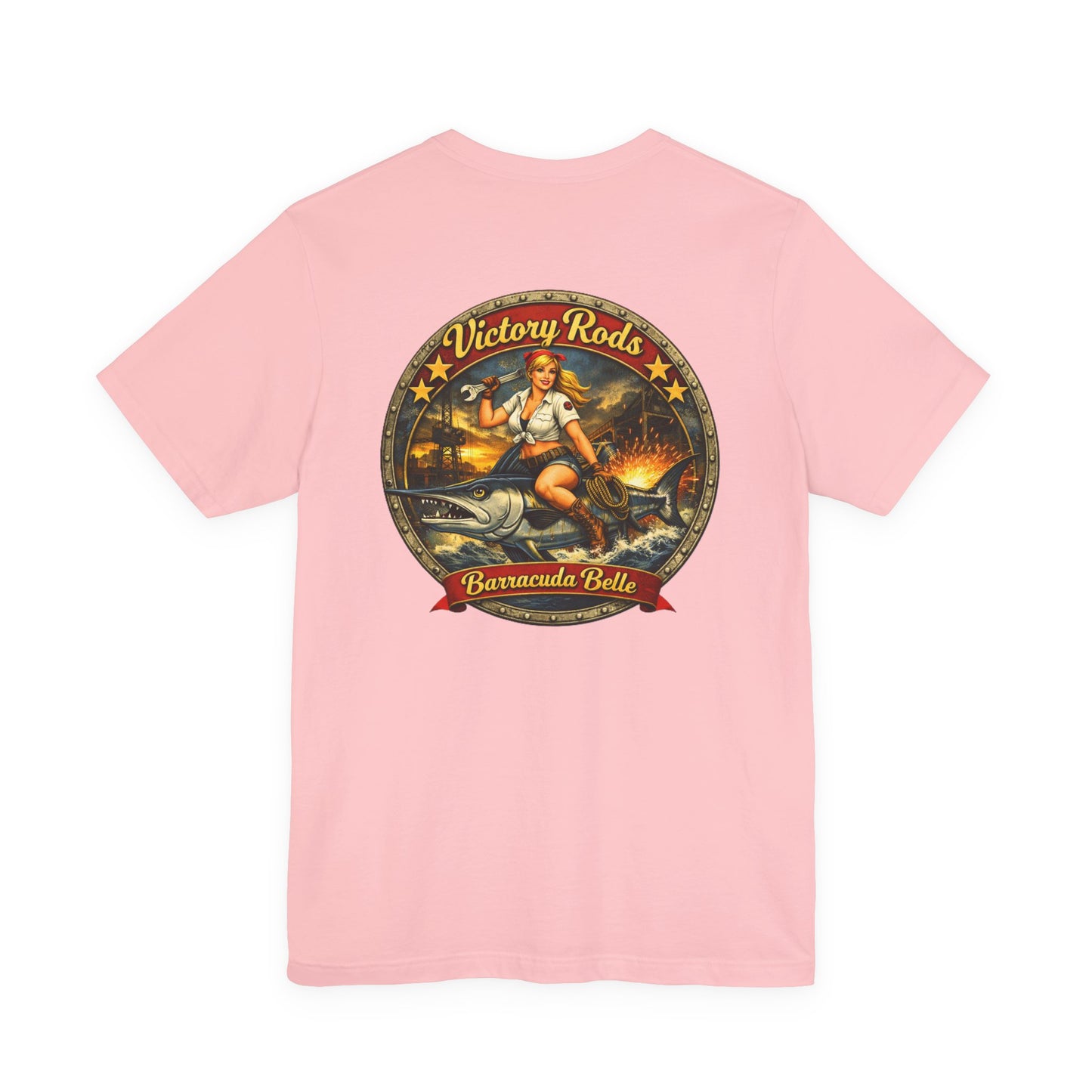 Barracuda Belle Vintage Pinup Tee — Victory Rods Motorcycle T‑Shirt