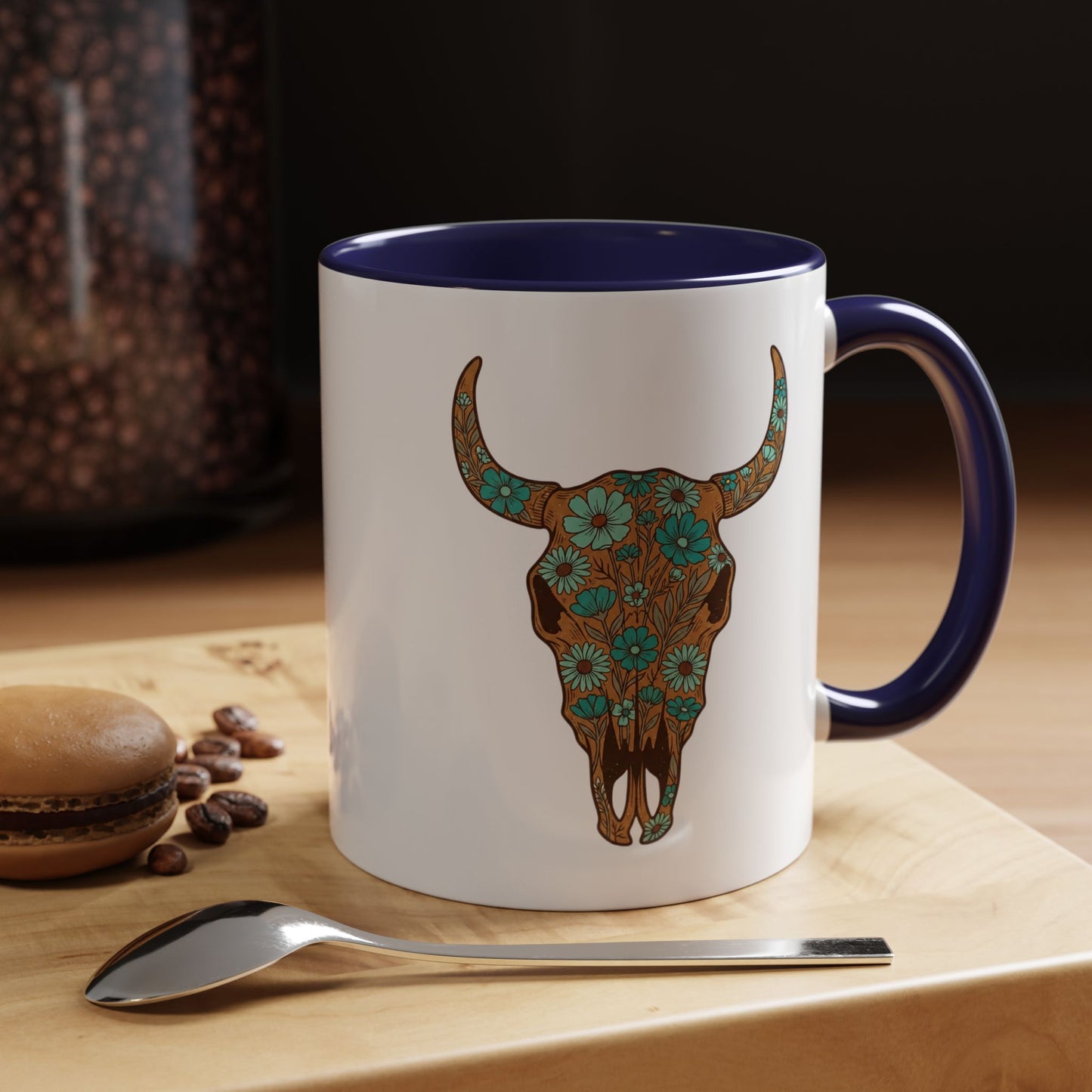 Turquoise Floral Bull Skull Coffee Mug — Southwestern Accent 11/15oz